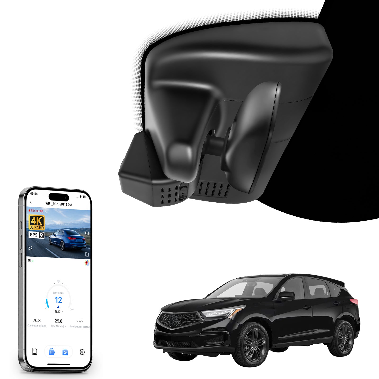 Mangoal rearview mirror built-in dash cam with smartphone app control, 4K Ultra HD recording, GPS tracking, and  Acura RDX models in the background.