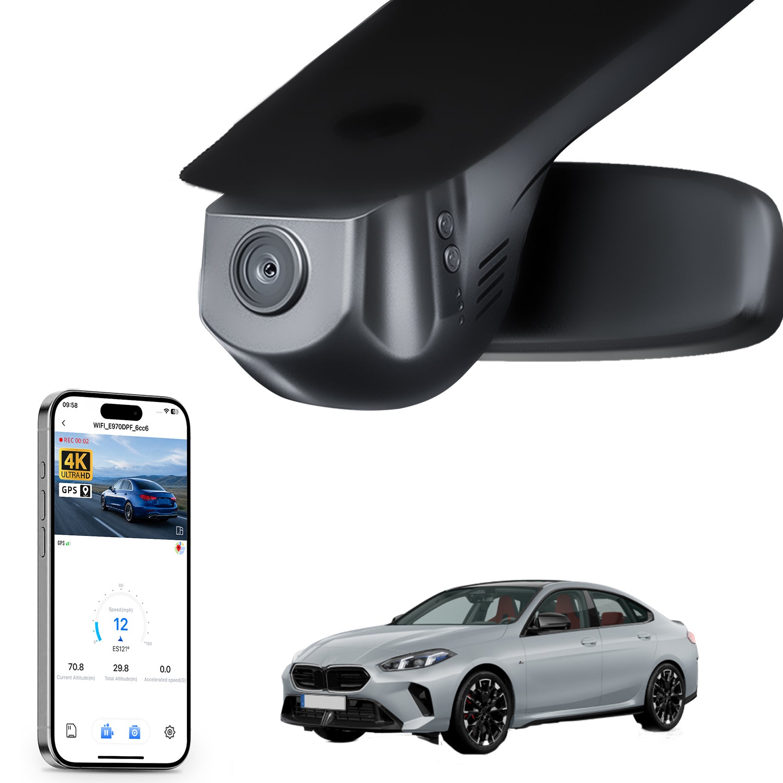 Mangoal rearview mirror built-in dash cam with smartphone app control, 4K Ultra HD recording, GPS tracking, and BMW 2 Series M2 models in the background.
