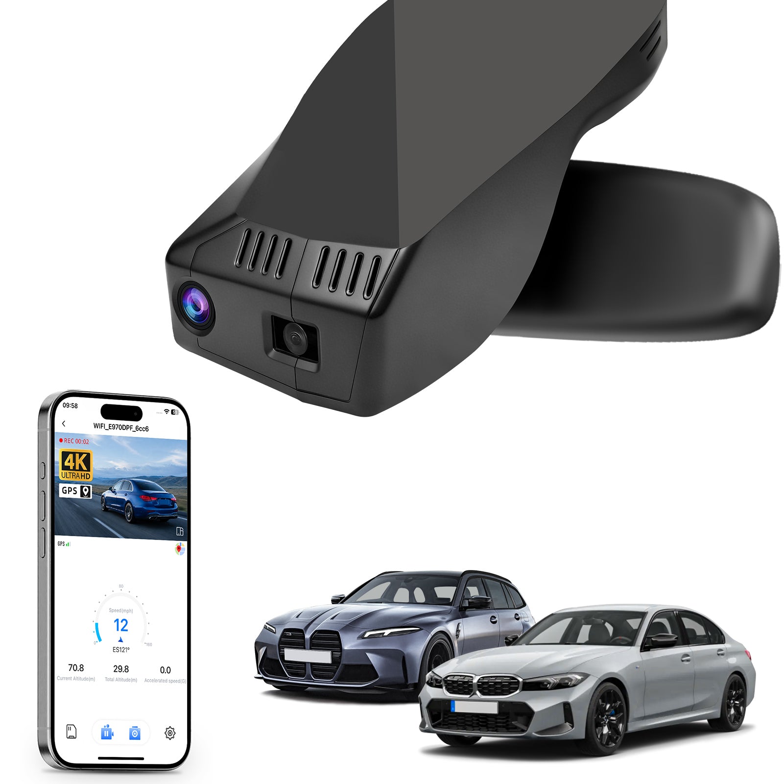 Mangoal rearview mirror built-in dash cam with smartphone app control, 4K Ultra HD recording, GPS tracking, and BMW 3 Series Gen7 models in the background.