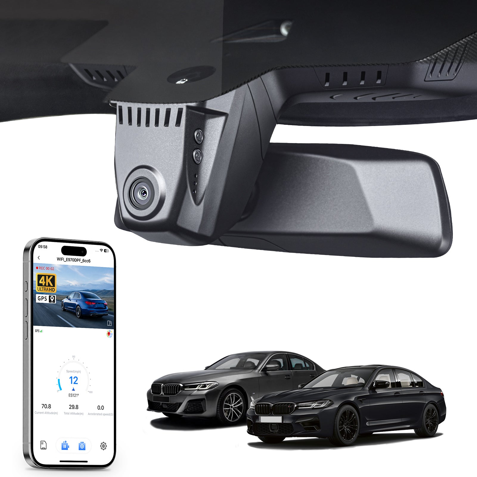 Mangoal rearview mirror built-in dash cam with smartphone app control, 4K Ultra HD recording, GPS tracking, and BMW 5 Series Gen7 models in the background.