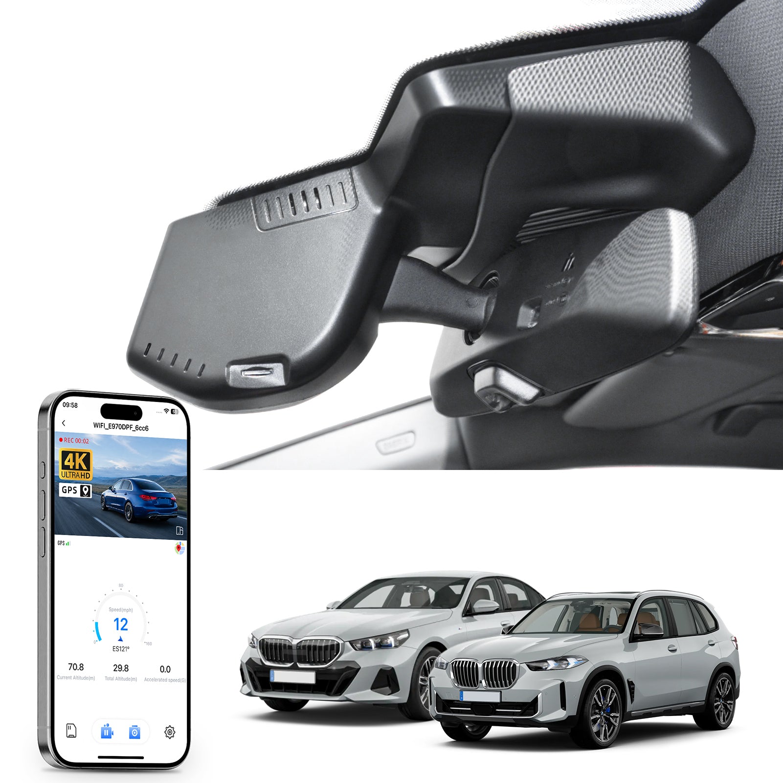 Mangoal rearview mirror built-in dash cam with smartphone app control, 4K Ultra HD recording, GPS tracking, and BMW 5 Series Gen8 models in the background.