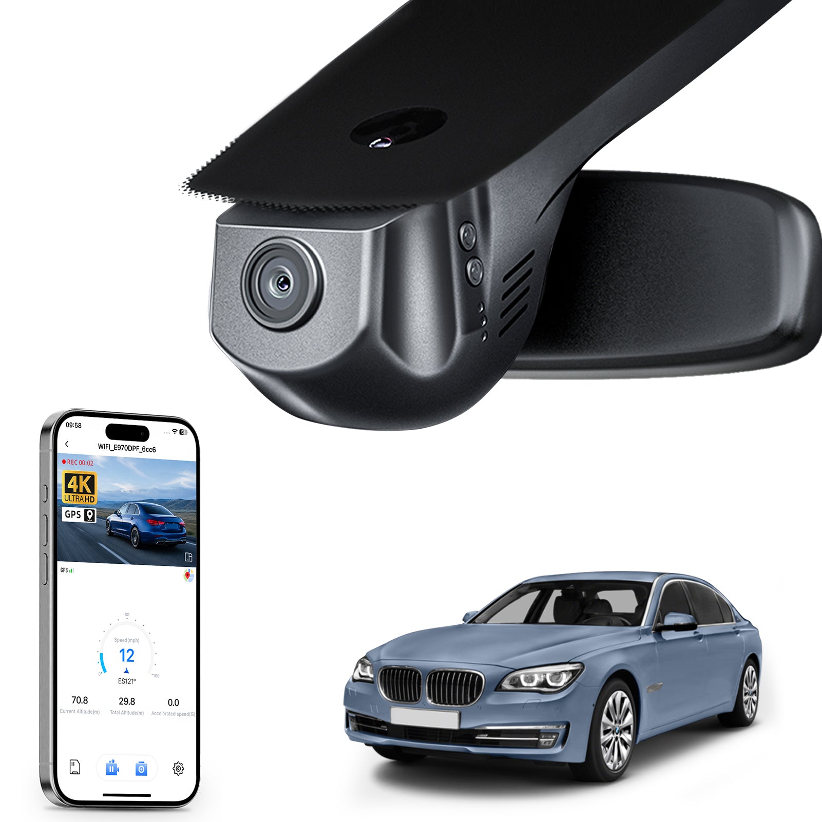 Mangoal rearview mirror built-in dash cam with smartphone app control, 4K Ultra HD recording, GPS tracking, and BMW 7 Series Gen5 models in the background.