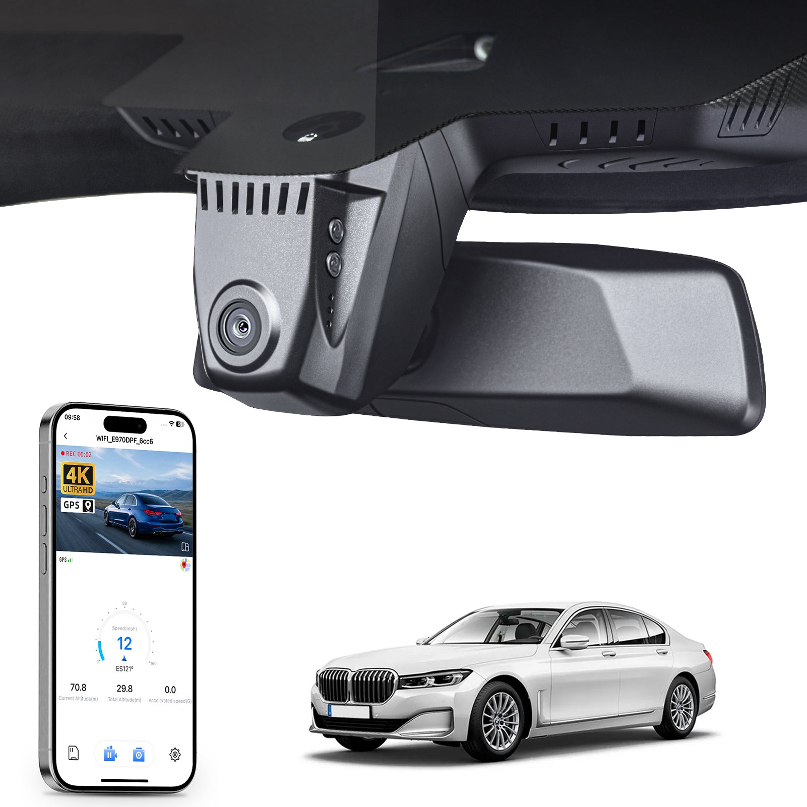 Mangoal rearview mirror built-in dash cam with smartphone app control, 4K Ultra HD recording, GPS tracking, and BMW 7 Series Gen6 models in the background.