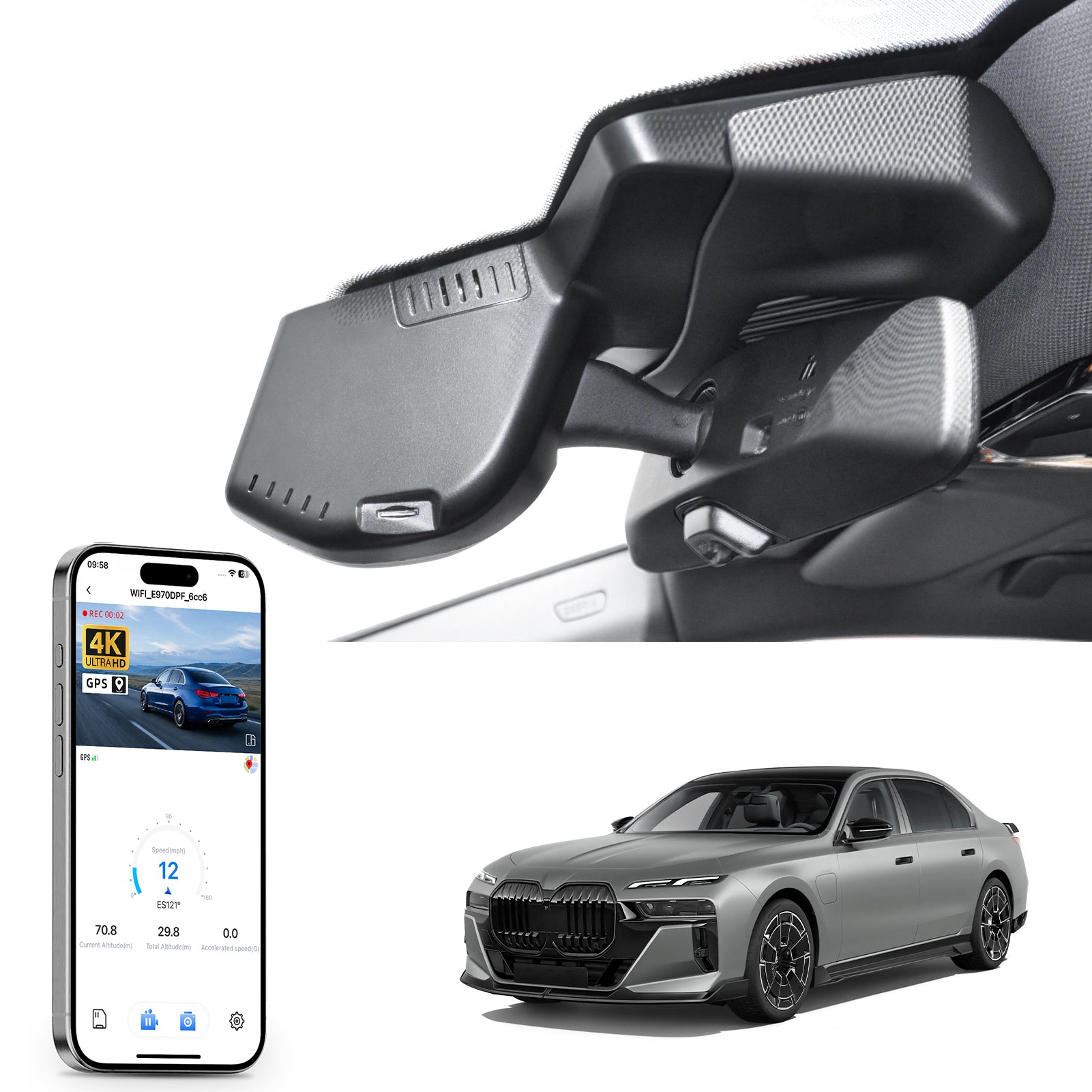 Mangoal rearview mirror built-in dash cam with smartphone app control, 4K Ultra HD recording, GPS tracking, and BMW 7 Series Gen7 models in the background.