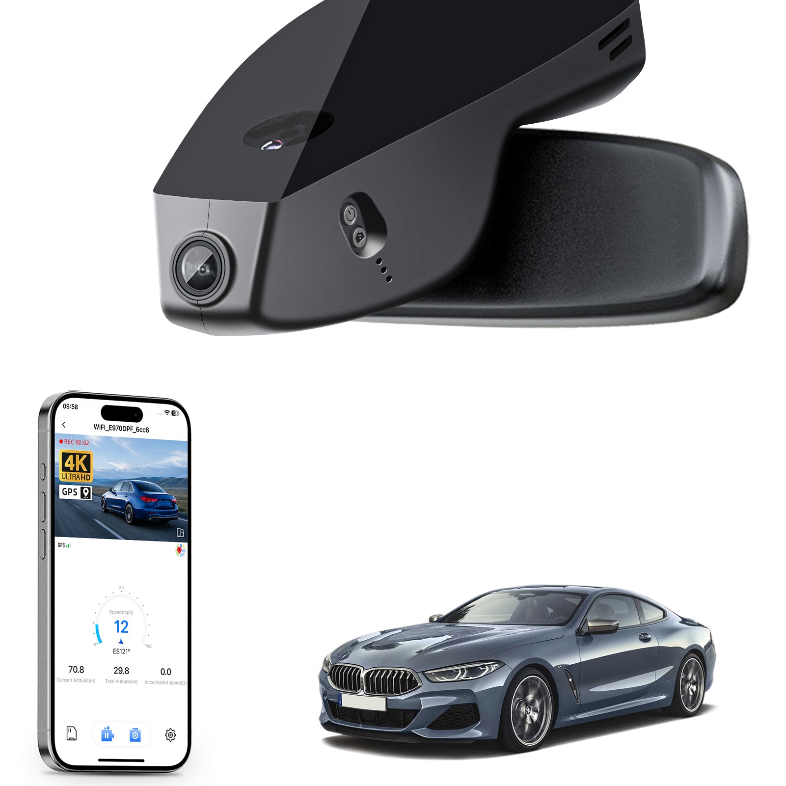 Mangoal rearview mirror built-in dash cam with smartphone app control, 4K Ultra HD recording, GPS tracking, and BMW 8 Series Gen2 models in the background.