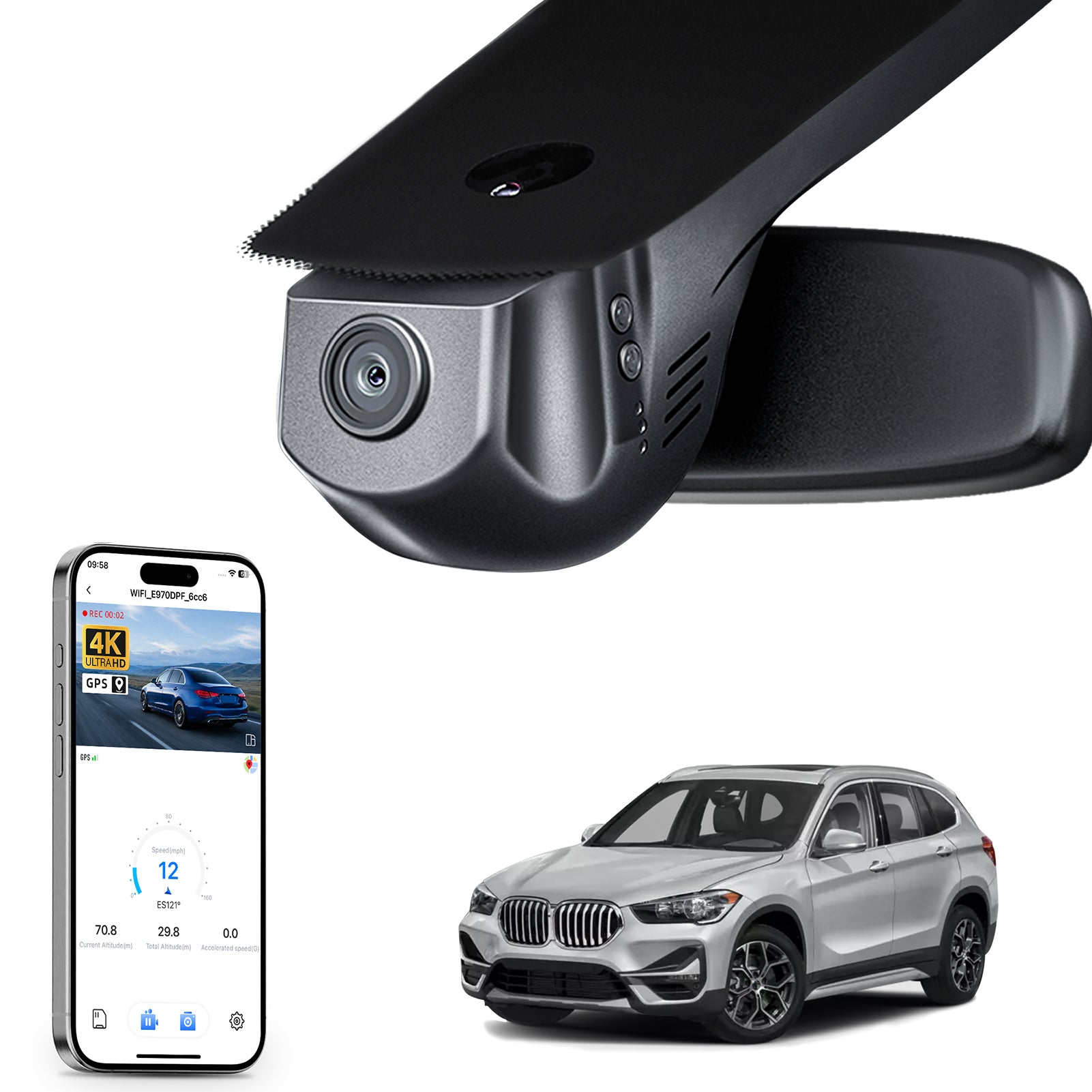 Mangoal rearview mirror built-in dash cam with smartphone app control, 4K Ultra HD recording, GPS tracking, and BMW X1 Gen2 models in the background.