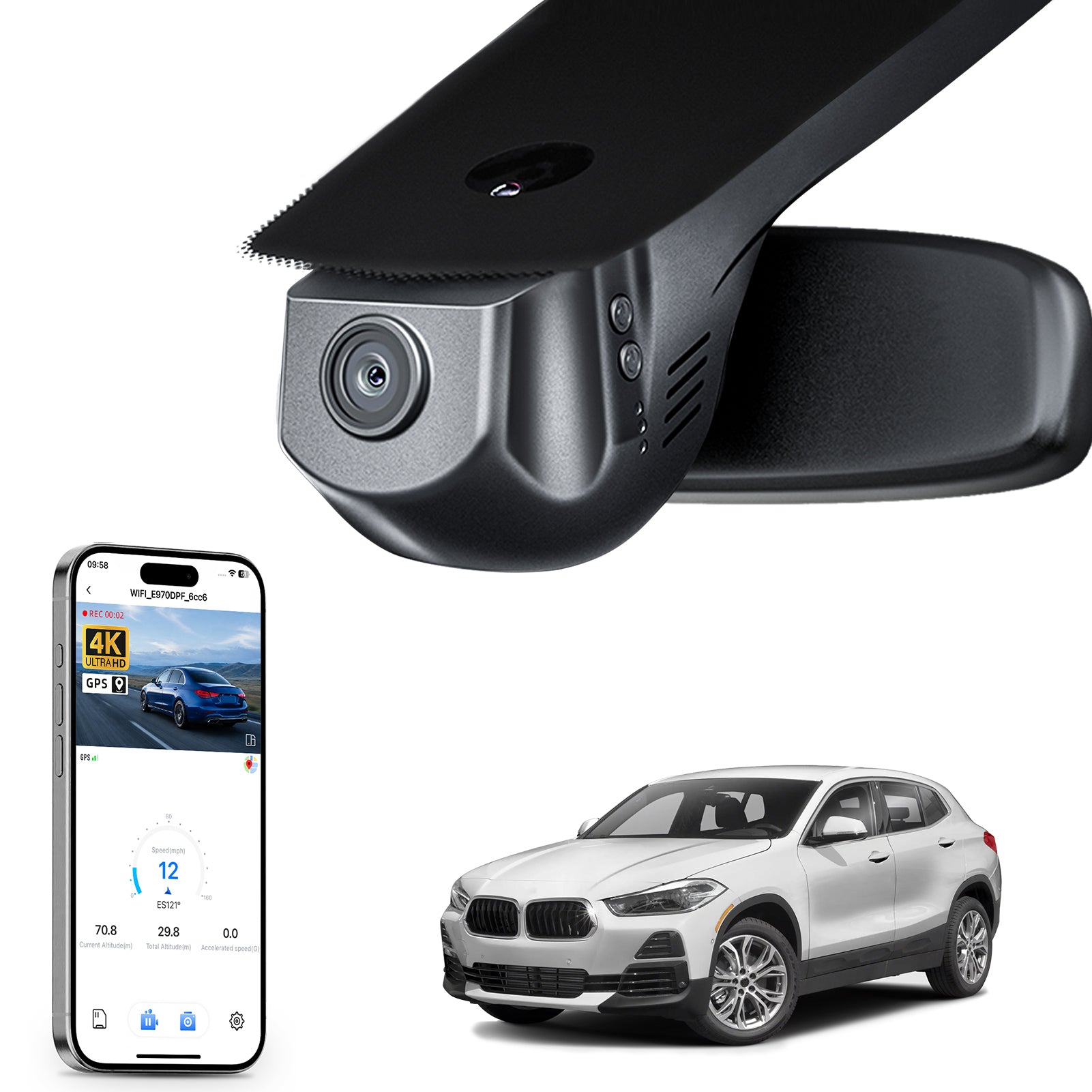 Mangoal rearview mirror built-in dash cam with smartphone app control, 4K Ultra HD recording, GPS tracking, and BMW X2 Gen1 models in the background.