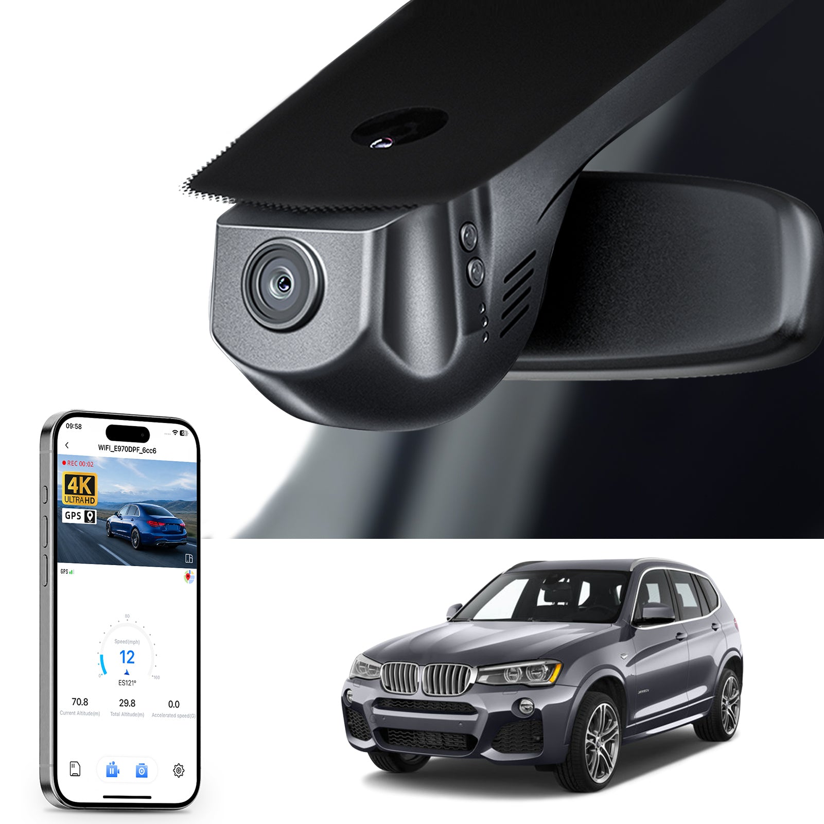 Mangoal rearview mirror built-in dash cam with smartphone app control, 4K Ultra HD recording, GPS tracking, and BMW X3 Gen2 models in the background.