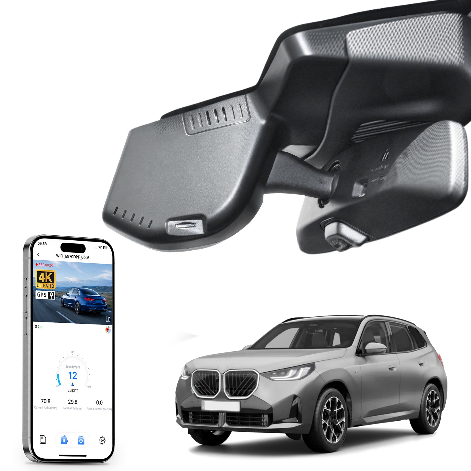 Mangoal rearview mirror built-in dash cam with smartphone app control, 4K Ultra HD recording, GPS tracking, and BMW X3 Gen4 models in the background.