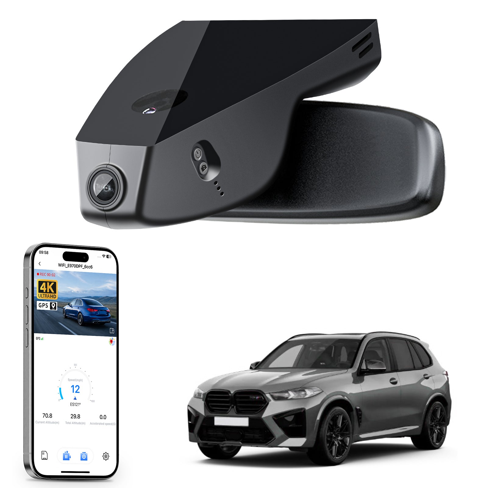 Mangoal rearview mirror built-in dash cam with smartphone app control, 4K Ultra HD recording, GPS tracking, and BMW X5 Gen4 models in the background.