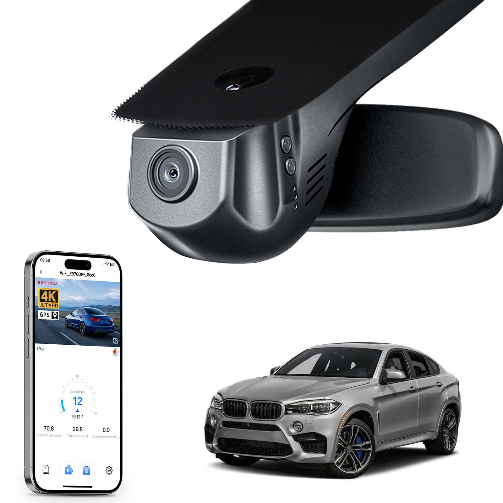 Mangoal rearview mirror built-in dash cam with smartphone app control, 4K Ultra HD recording, GPS tracking, and BMW X6 Gen2 models in the background.