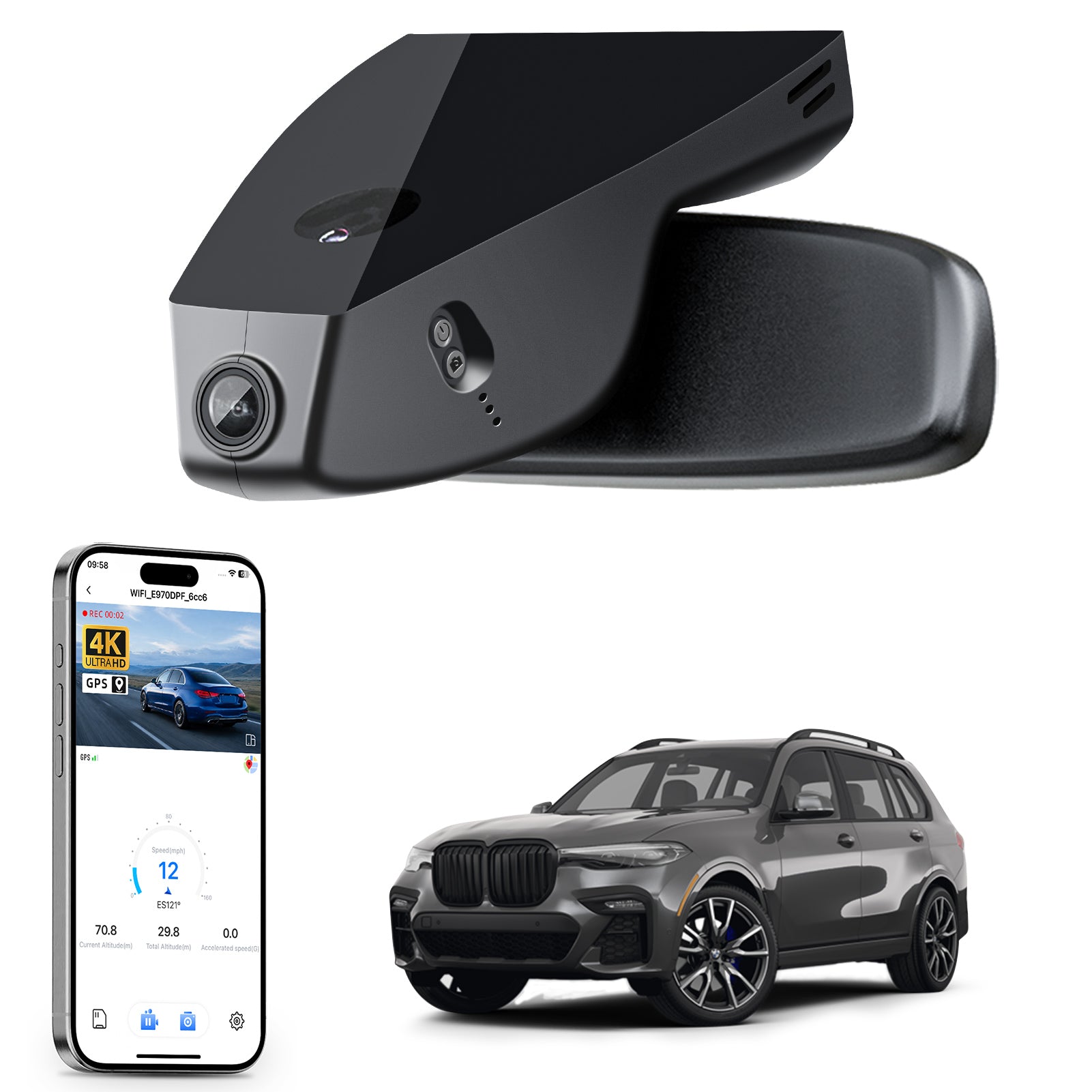 Mangoal rearview mirror built-in dash cam with smartphone app control, 4K Ultra HD recording, GPS tracking, and BMW X7 Gen1 models in the background.