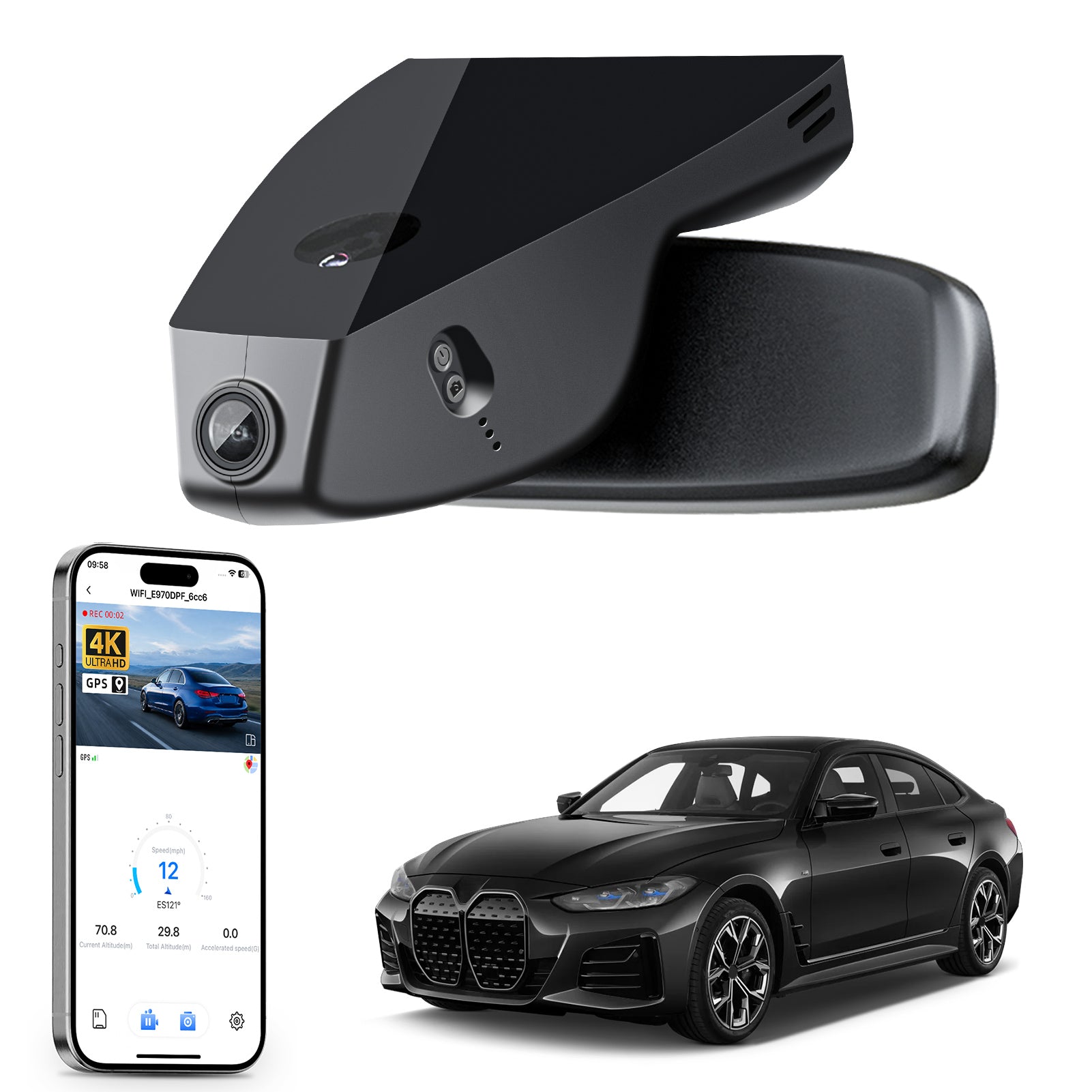 Mangoal rearview mirror built-in dash cam with smartphone app control, 4K Ultra HD recording, GPS tracking, and BMW i4 models in the background.