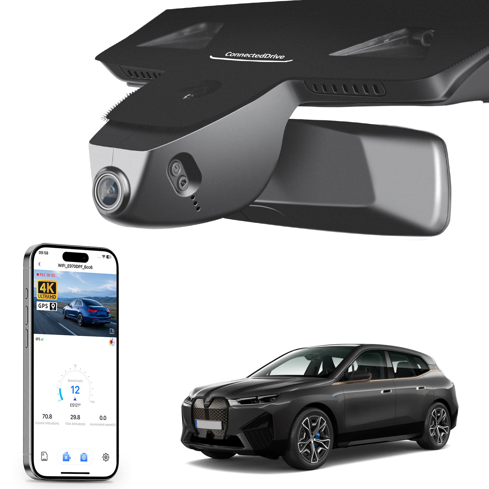 Mangoal rearview mirror built-in dash cam with smartphone app control, 4K Ultra HD recording, GPS tracking, and BMW iX models in the background.