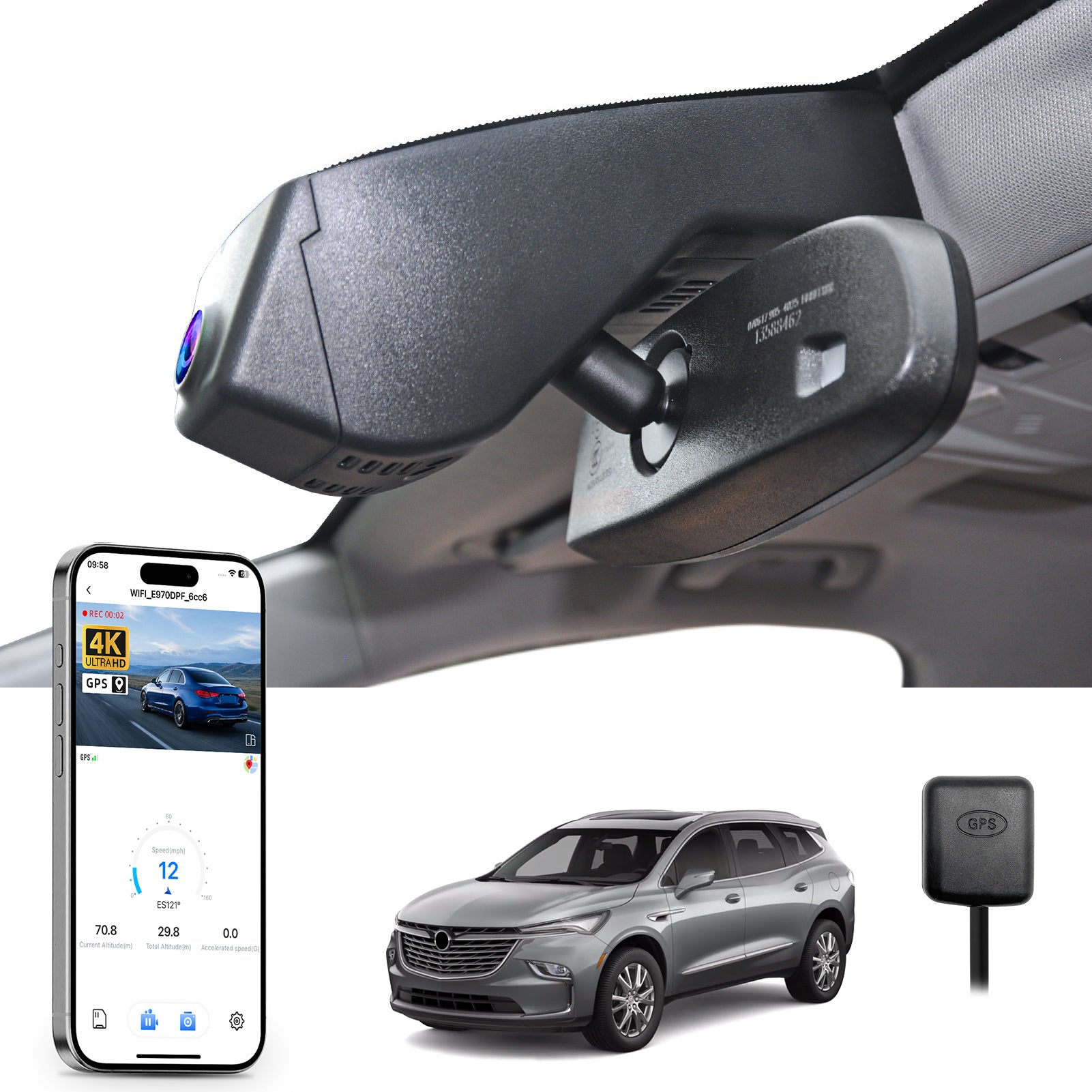 Mangoal rearview mirror built-in dash cam with smartphone app control, 4K Ultra HD recording, GPS tracking, and Buick Enclave models in the background.