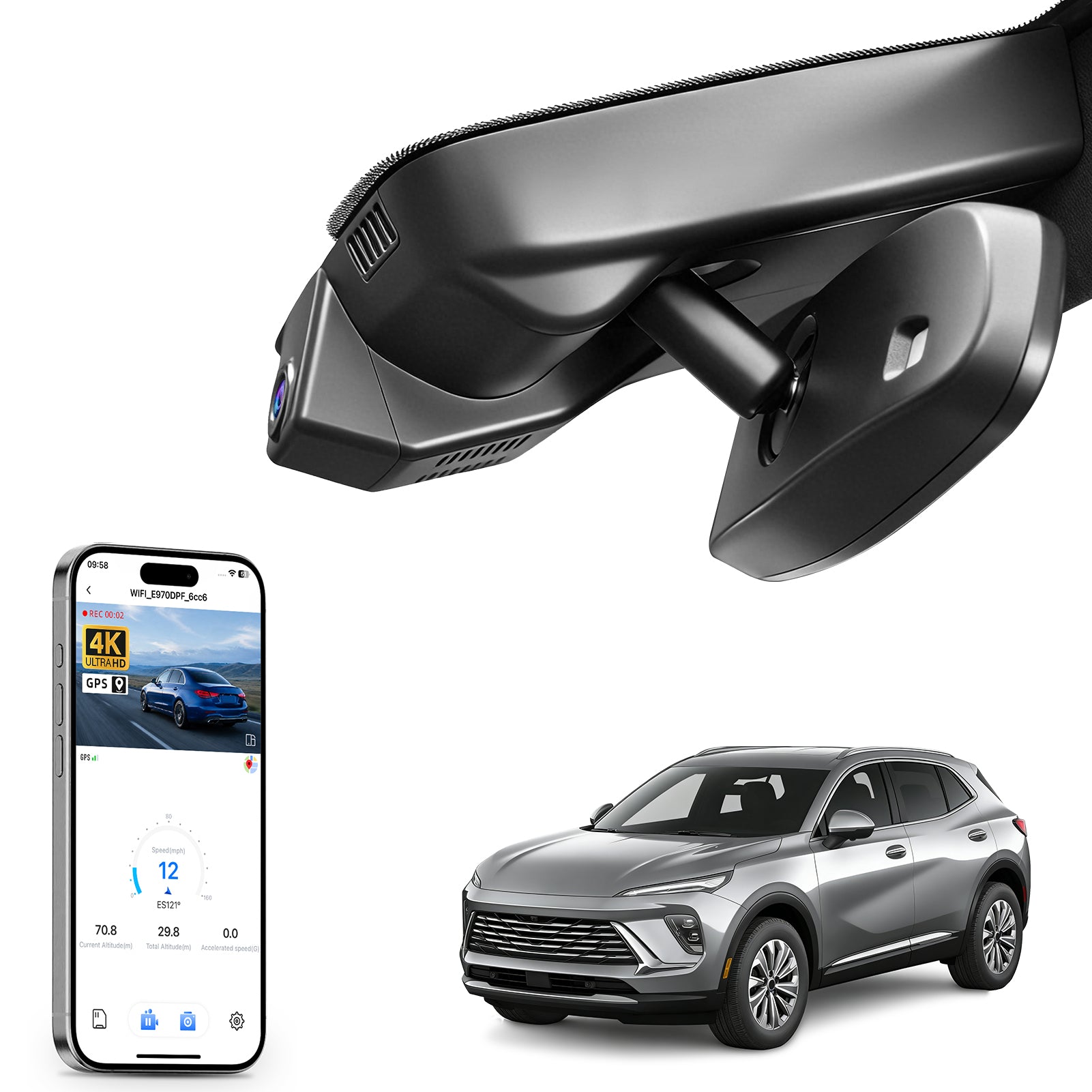 Mangoal rearview mirror built-in dash cam with smartphone app control, 4K Ultra HD recording, GPS tracking, and Buick Envista models in the background.