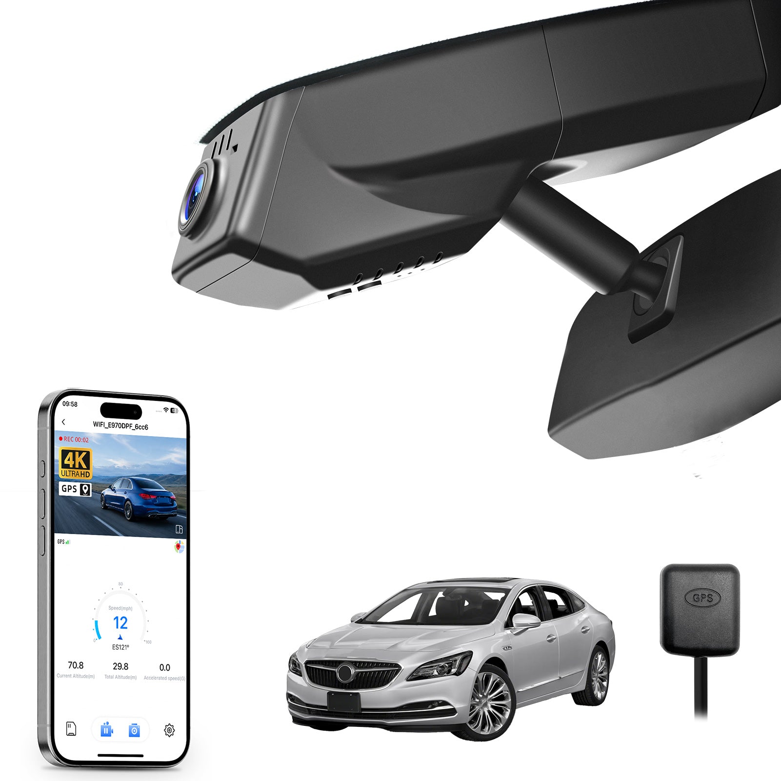 Mangoal rearview mirror built-in dash cam with smartphone app control, 4K Ultra HD recording, GPS tracking, and Buick Lacrosse models in the background.