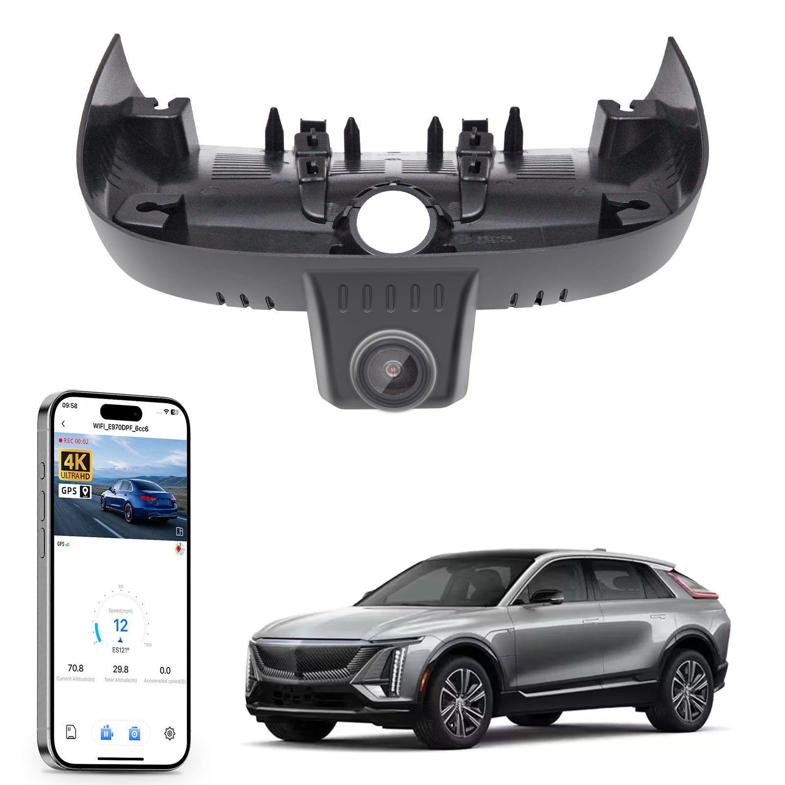 Mangoal rearview mirror built-in dash cam with smartphone app control, 4K Ultra HD recording, GPS tracking, and Cadillac Lyriq models in the background.