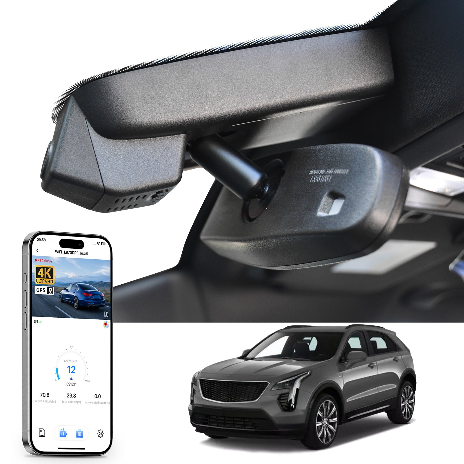 Mangoal rearview mirror built-in dash cam with smartphone app control, 4K Ultra HD recording, GPS tracking, and Cadillac XT4 models in the background.