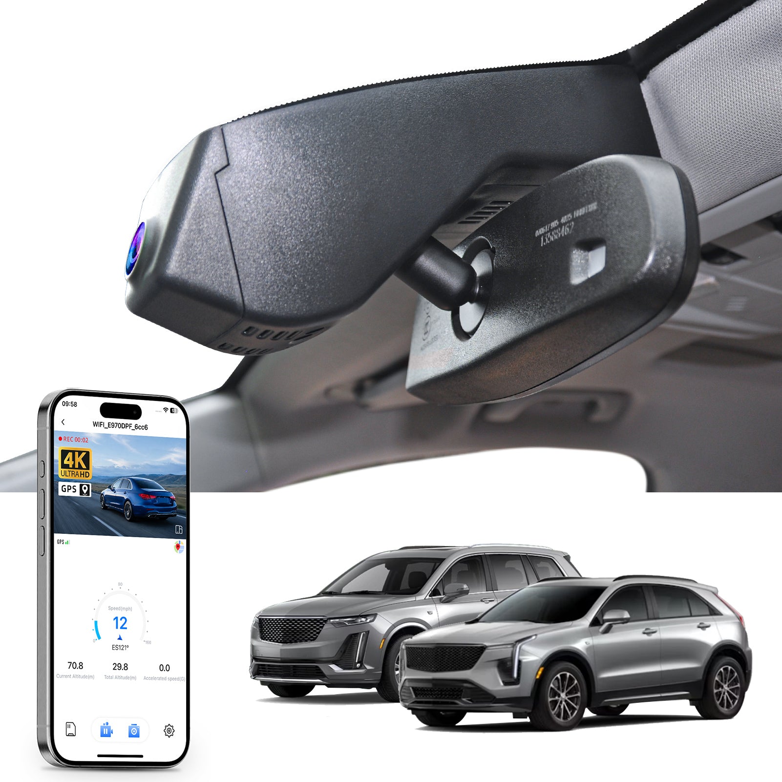 
Mangoal rearview mirror built-in dash cam with smartphone app control, 4K Ultra HD recording, GPS tracking, and Cadillac XT5 models in the background.