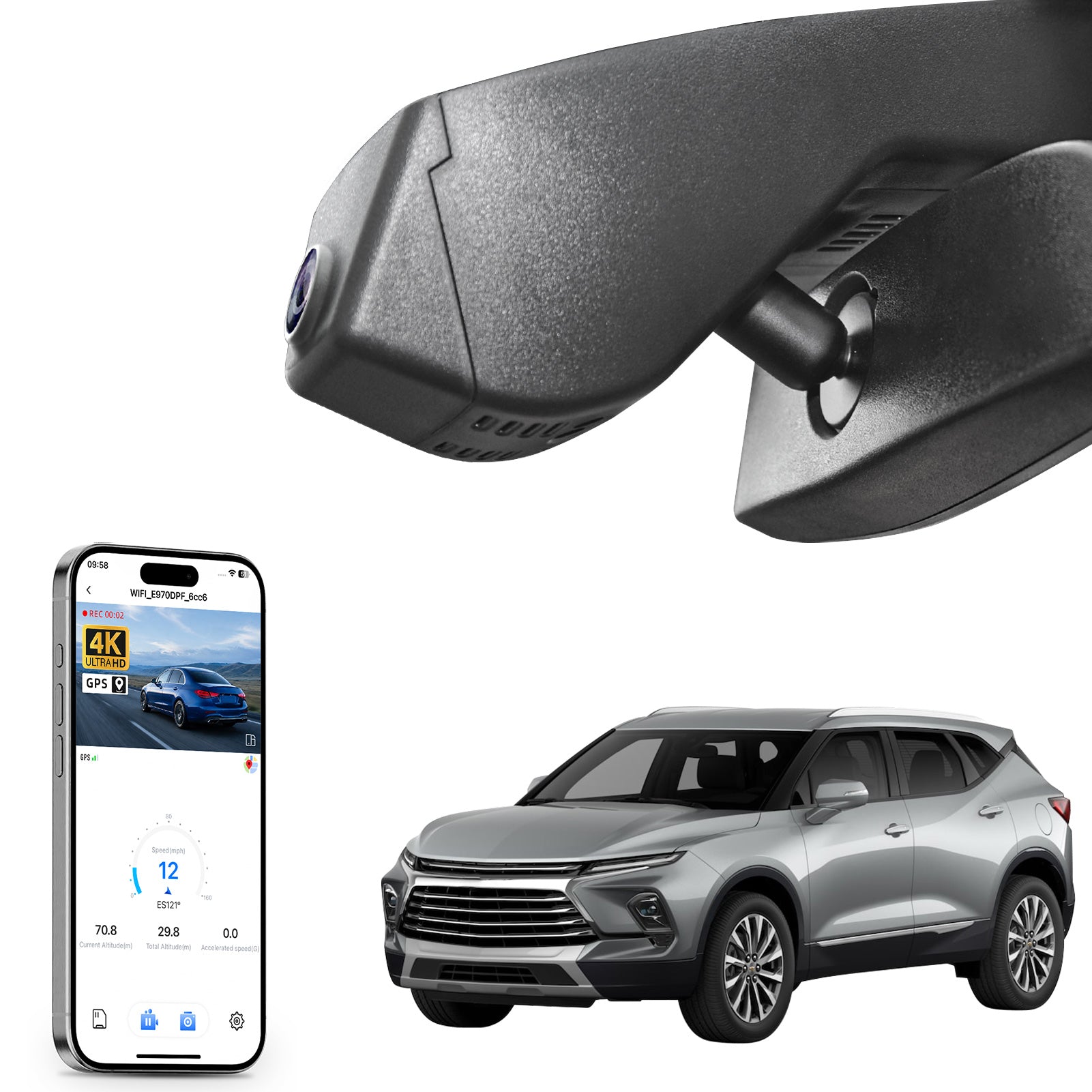 Mangoal rearview mirror built-in dash cam with smartphone app control, 4K Ultra HD recording, GPS tracking, and Chevy Blazer models in the background.