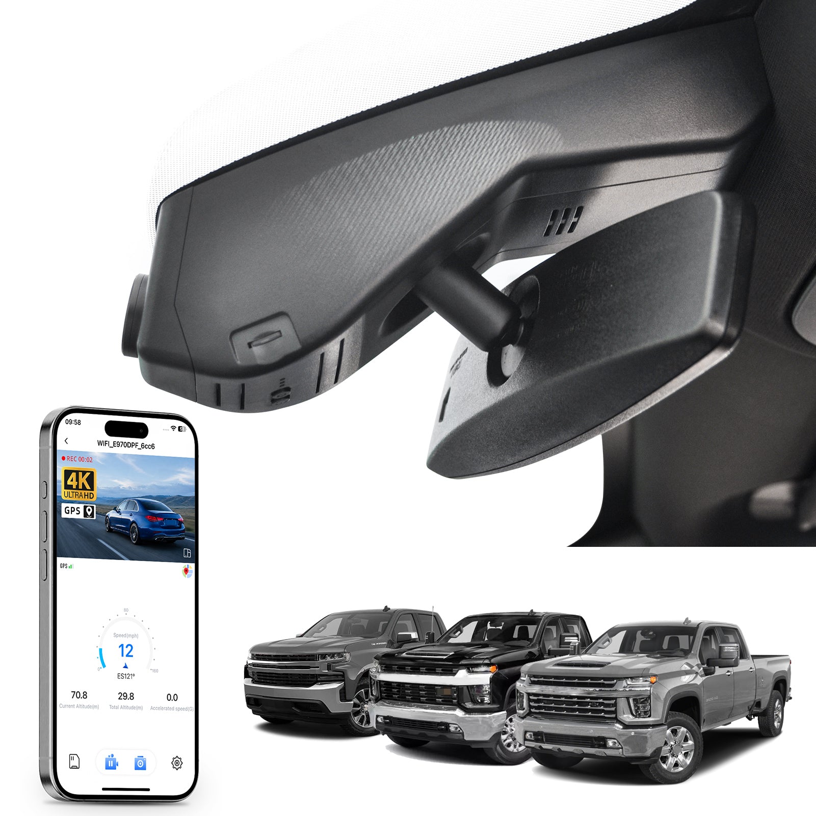 Mangoal rearview mirror built-in dash cam with smartphone app control, 4K Ultra HD recording, GPS tracking, and Chevy Silverado models in the background.