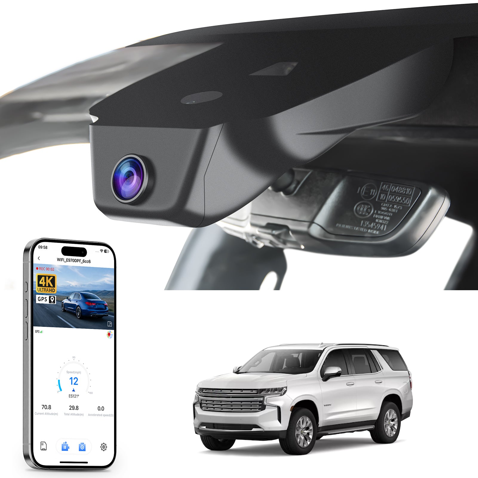 Mangoal rearview mirror built-in dash cam with smartphone app control, 4K Ultra HD recording, GPS tracking, and Chevy Suburban Tahoe models in the background.