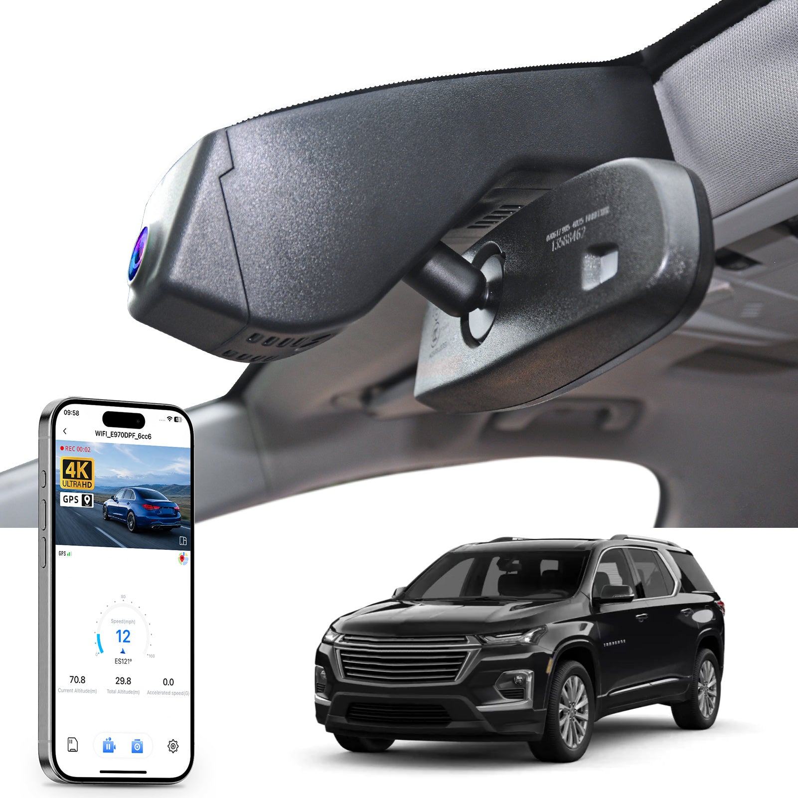 Mangoal rearview mirror built-in dash cam with smartphone app control, 4K Ultra HD recording, GPS tracking, and Chevy Traverse models in the background.