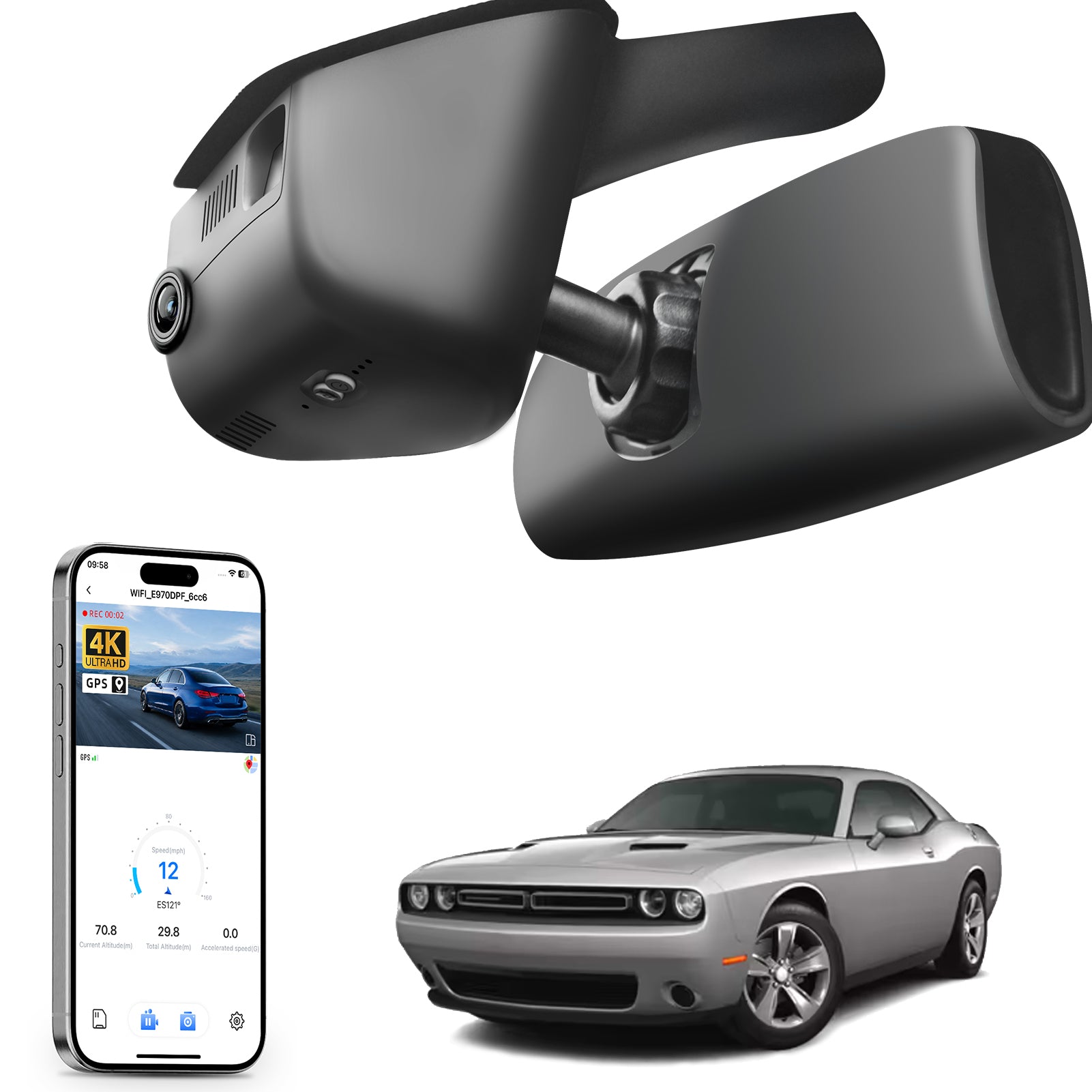 Mangoal rearview mirror built-in dash cam with smartphone app control, 4K Ultra HD recording, GPS tracking, and Dodge Challenger models in the background.