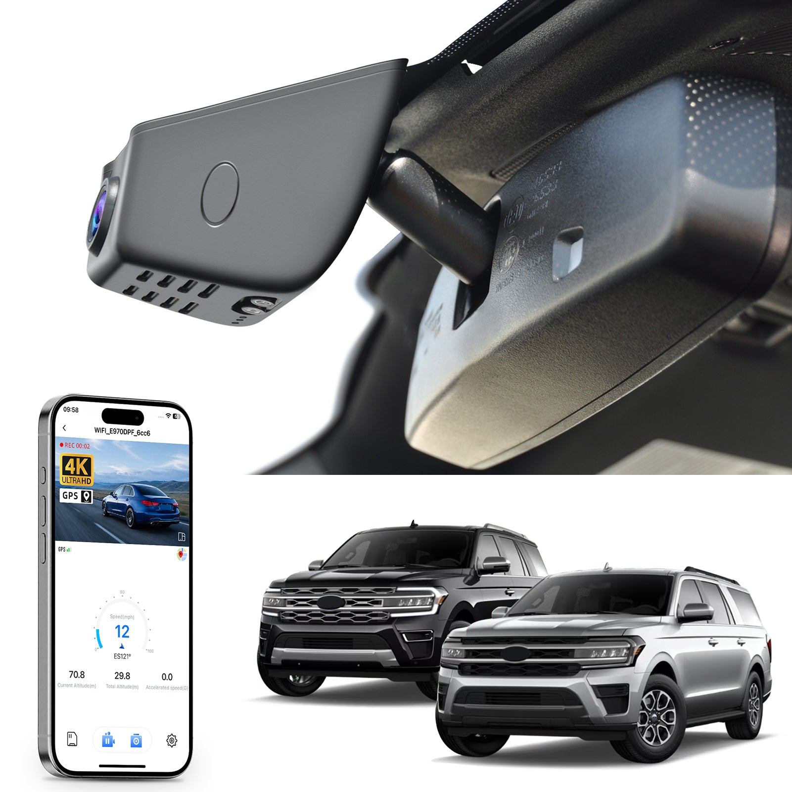 Mangoal rearview mirror built-in dash cam with smartphone app control, 4K Ultra HD recording, GPS tracking, and Ford Expedition models in the background.