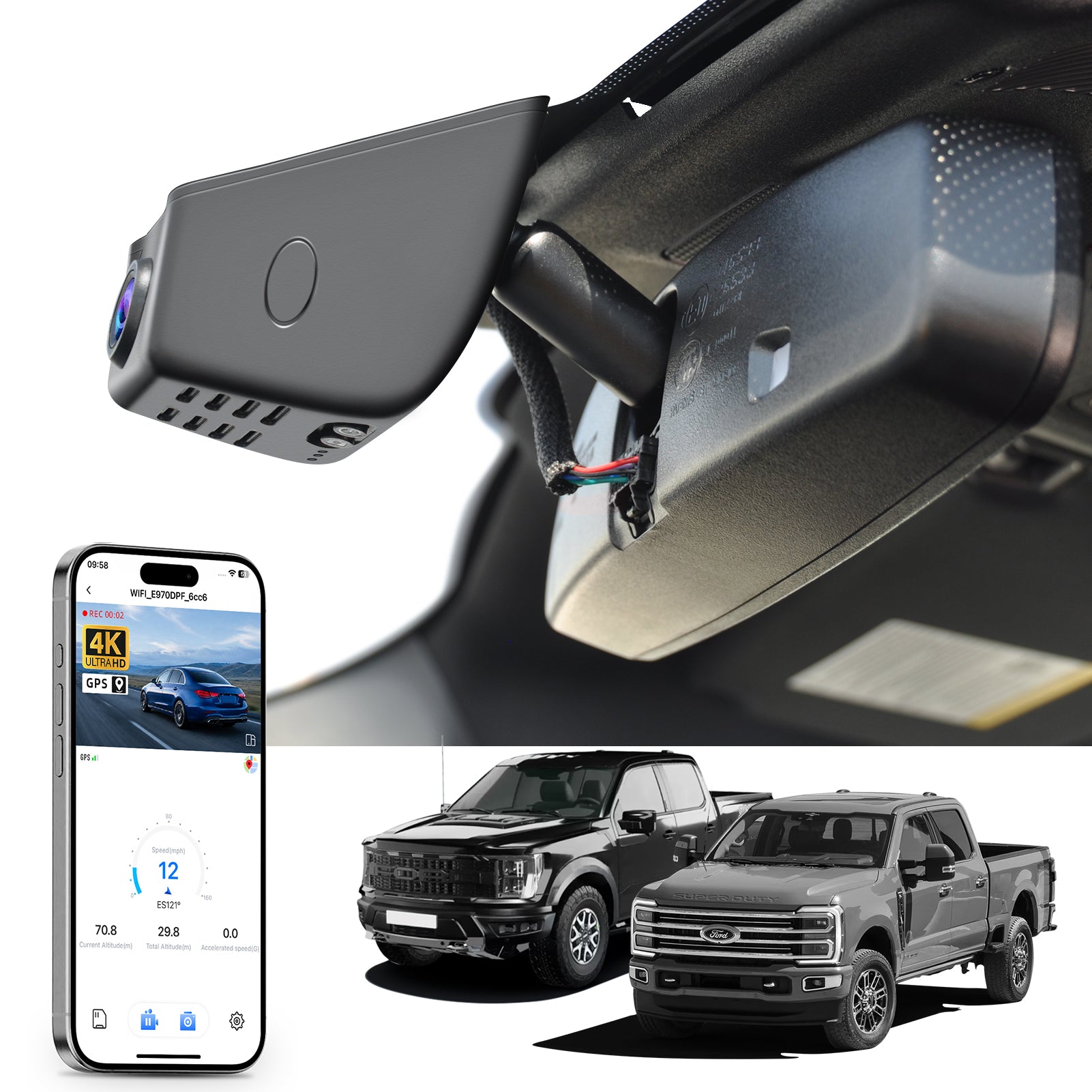 Mangoal rearview mirror built-in dash cam with smartphone app control, 4K Ultra HD recording, GPS tracking, and Ford F Series models in the background.