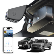 Mangoal rearview mirror built-in dash cam with smartphone app control, 4K Ultra HD recording, GPS tracking, and Ford F Series models in the background.
