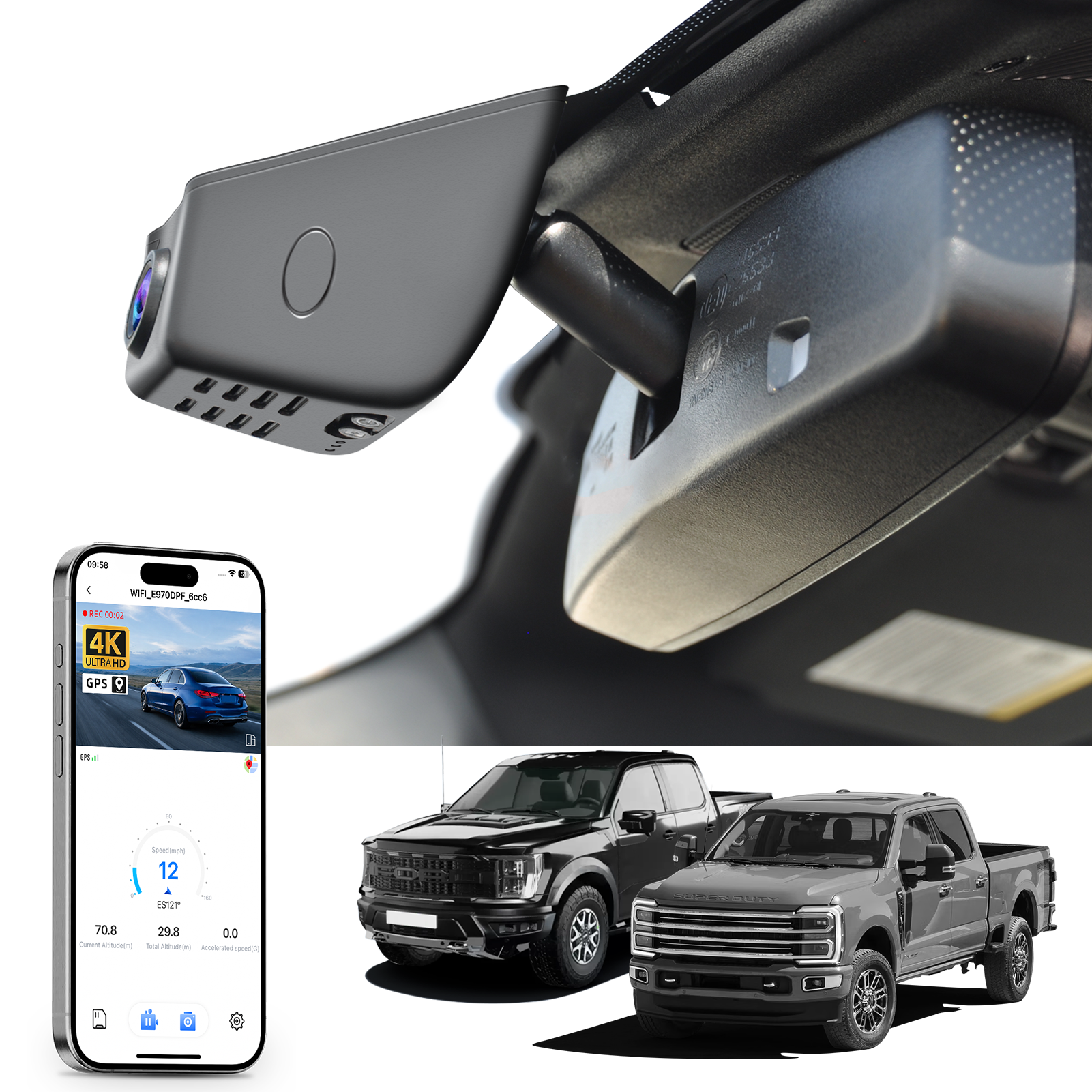 Mangoal rearview mirror built-in dash cam with smartphone app control, 4K Ultra HD recording, GPS tracking, and Ford F Series models in the background.