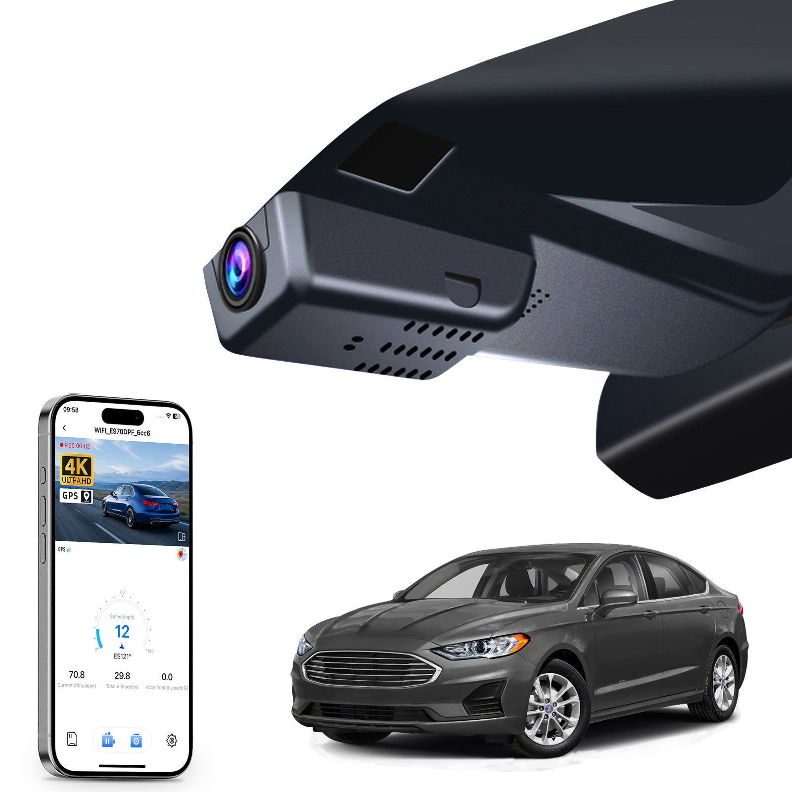 Mangoal rearview mirror built-in dash cam with smartphone app control, 4K Ultra HD recording, GPS tracking, and Ford Fusion models in the background.