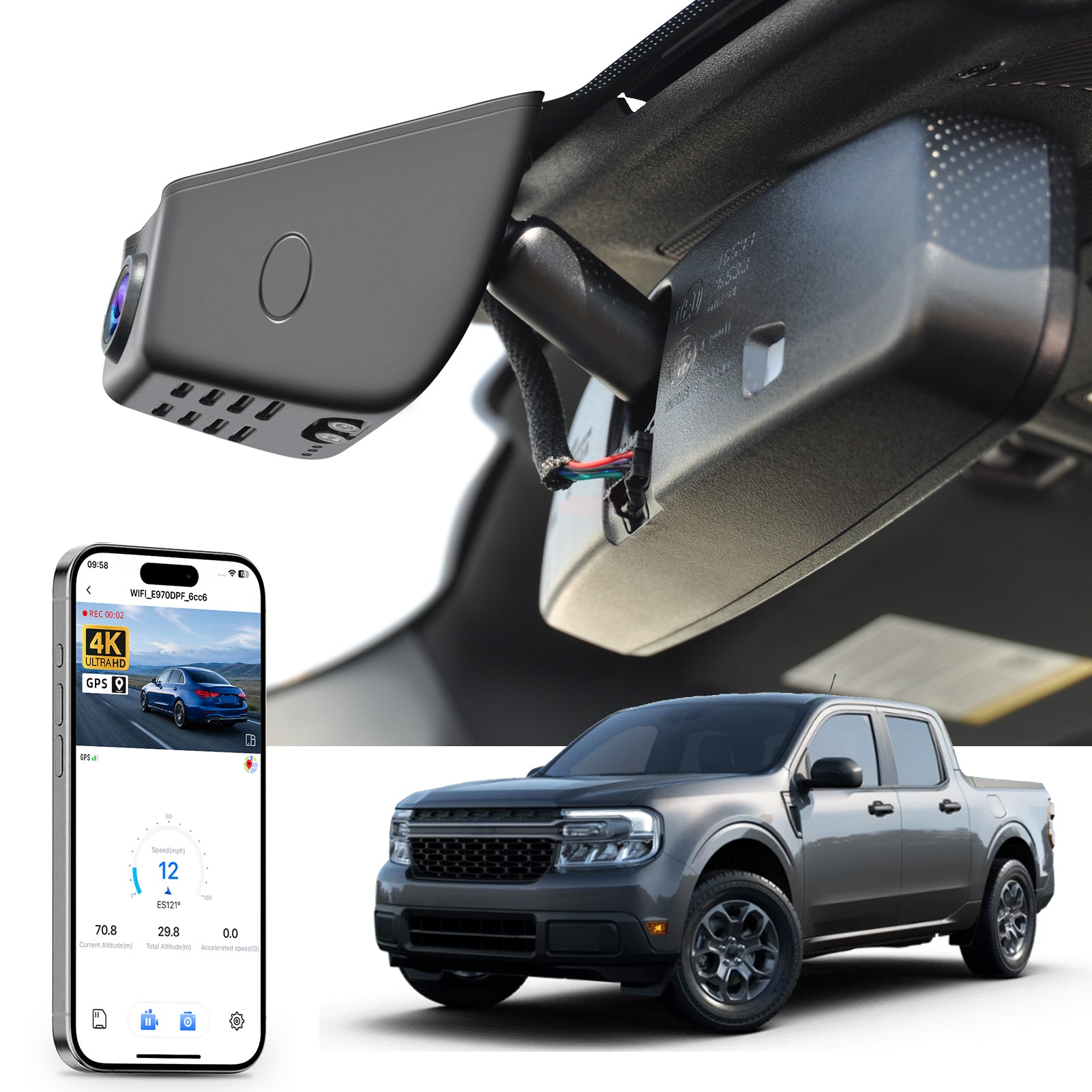 Mangoal rearview mirror built-in dash cam with smartphone app control, 4K Ultra HD recording, GPS tracking, and Ford Maverick models in the background.