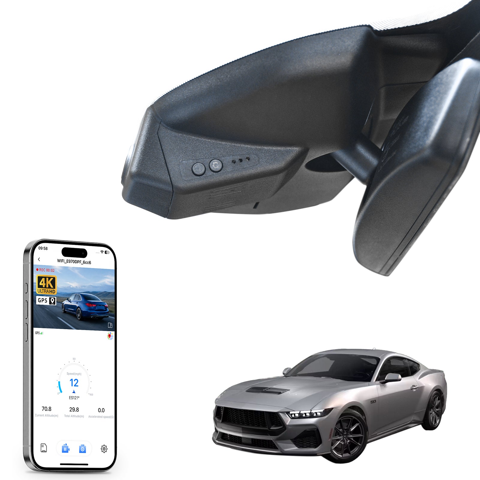 Mangoal rearview mirror built-in dash cam with smartphone app control, 4K Ultra HD recording, GPS tracking, and Ford Mustang models in the background.