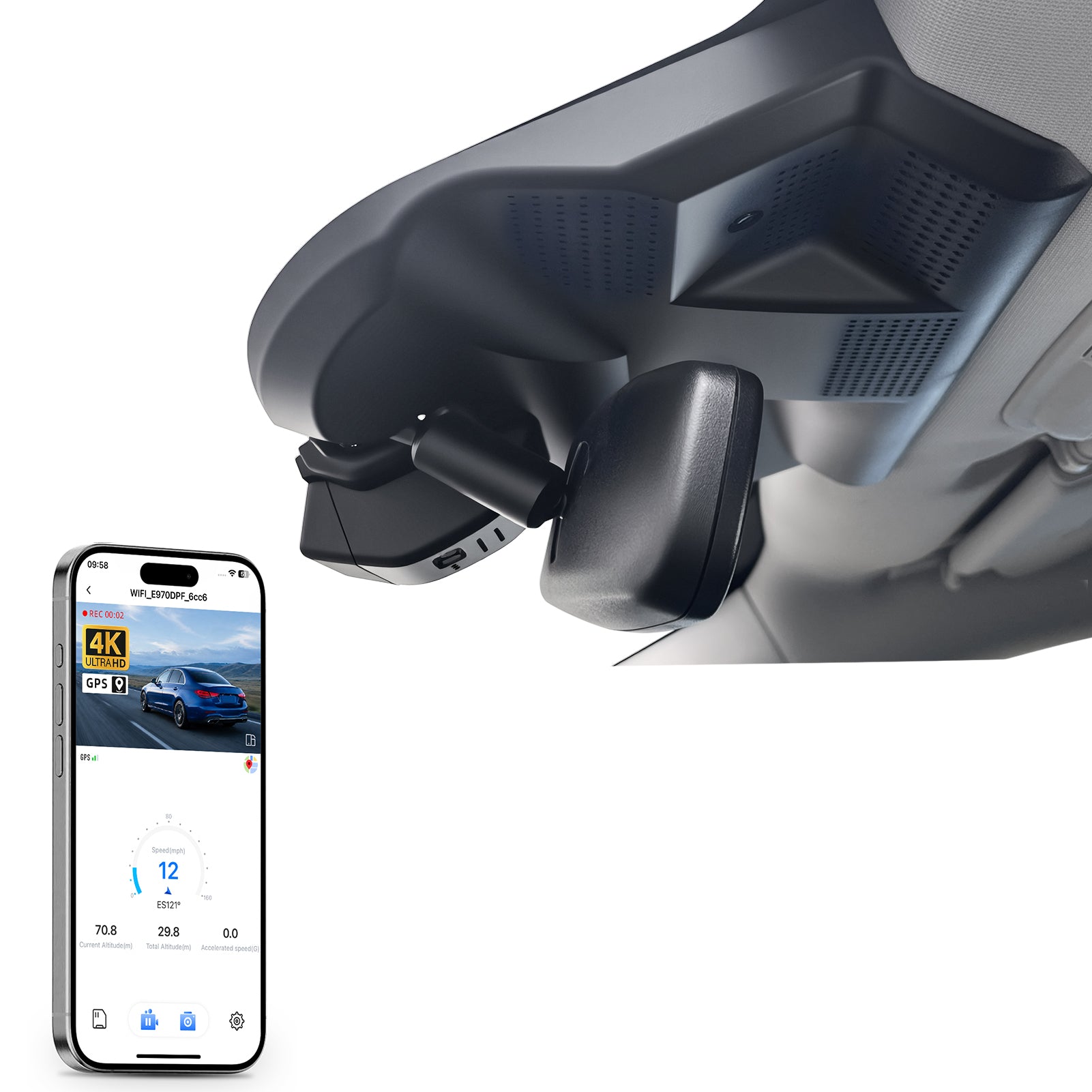 Mangoal rearview mirror built-in dash cam with smartphone app control, 4K Ultra HD recording, GPS tracking, and Ford Mustang mach-E models in the background.