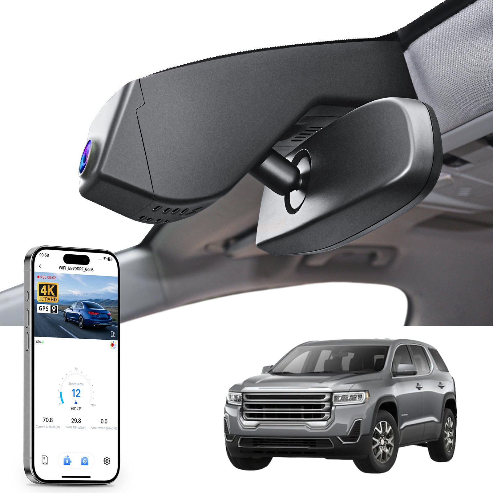 Mangoal rearview mirror built-in dash cam with smartphone app control, 4K Ultra HD recording, GPS tracking, and GMC Acadia models in the background.