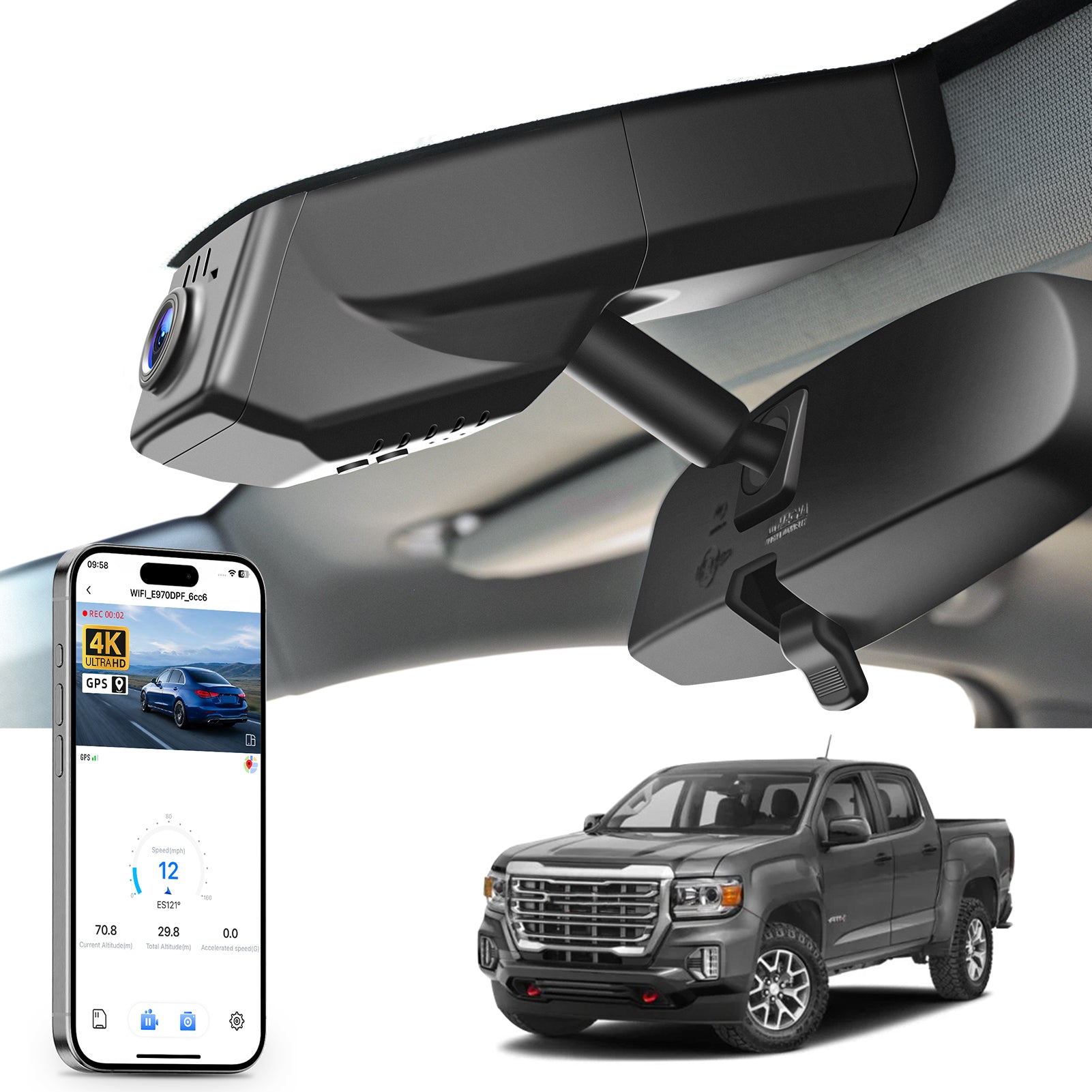 Mangoal rearview mirror built-in dash cam with smartphone app control, 4K Ultra HD recording, GPS tracking, and GMC Canyon models in the background.