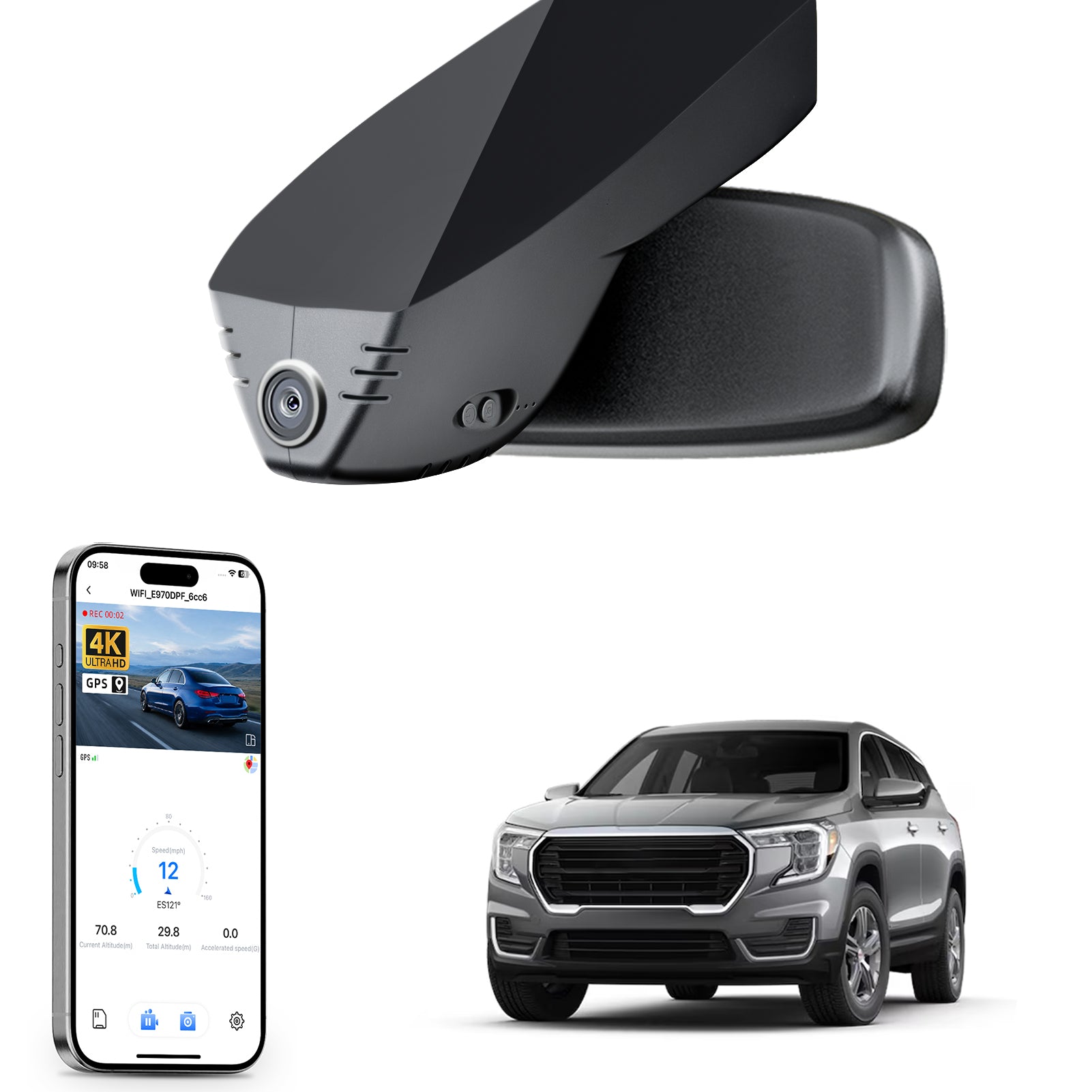 Mangoal rearview mirror built-in dash cam with smartphone app control, 4K Ultra HD recording, GPS tracking, and GMC Terrain models in the background.