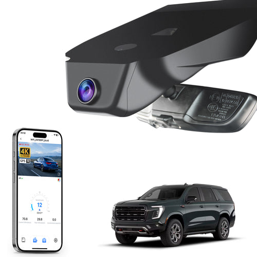 MANGOAL rearview mirror built-in dash cam with smartphone app control, 4K Ultra HD recording, GPS tracking, and GMC Yukon models in the background.