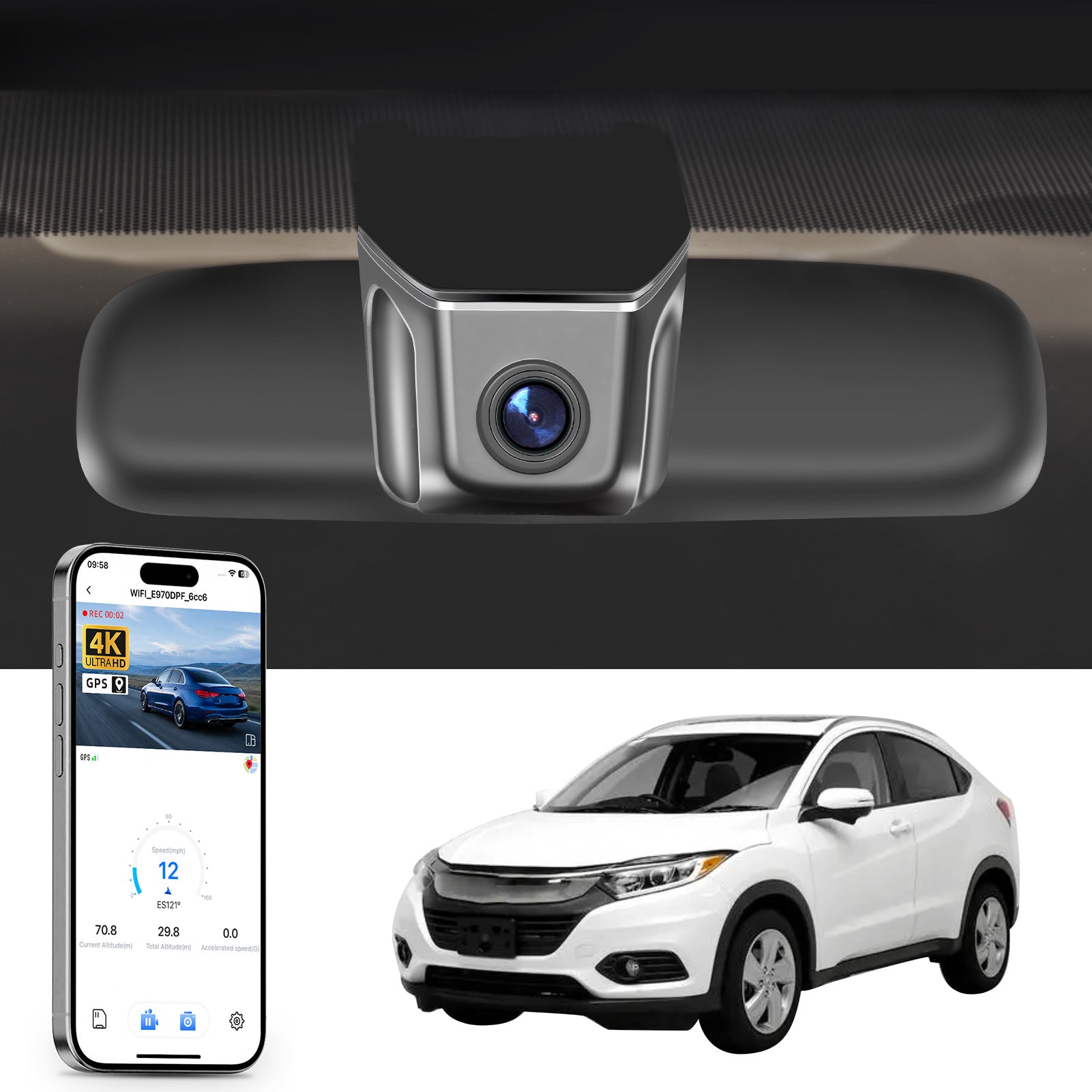 Mangoal rearview mirror built-in dash cam with smartphone app control, 4K Ultra HD recording, GPS tracking, and Honda HRV models in the background.