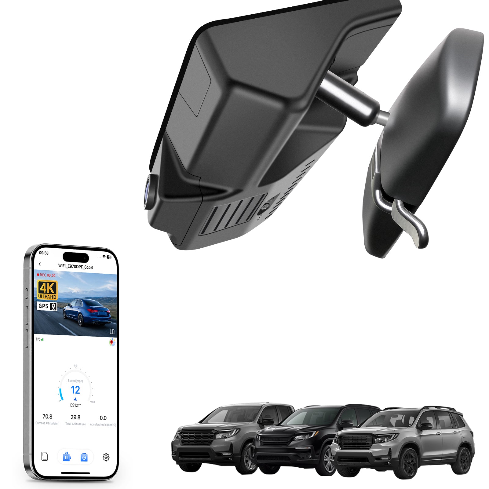Mangoal rearview mirror built-in dash cam with smartphone app control, 4K Ultra HD recording, GPS tracking, and Honda models in the background.