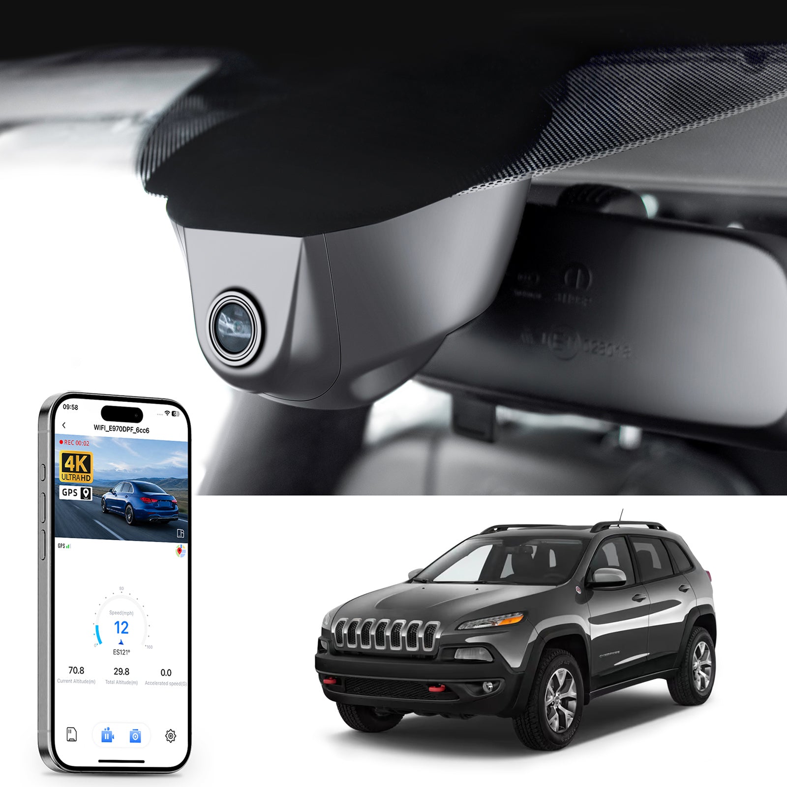 Mangoal rearview mirror built-in dash cam with smartphone app control, 4K Ultra HD recording, GPS tracking, and Jeep-Cherokee models in the background.