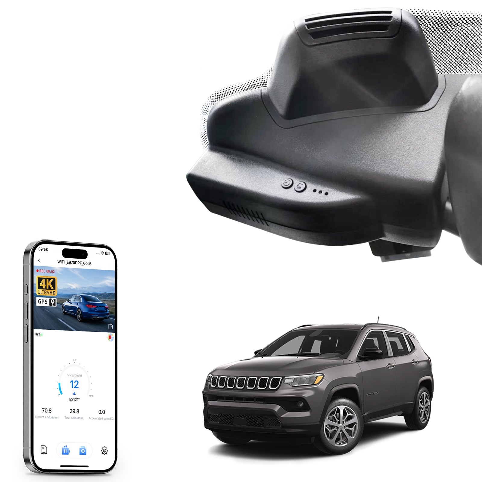 Mangoal rearview mirror built-in dash cam with smartphone app control, 4K Ultra HD recording, GPS tracking, and Jeep Compass models in the background.