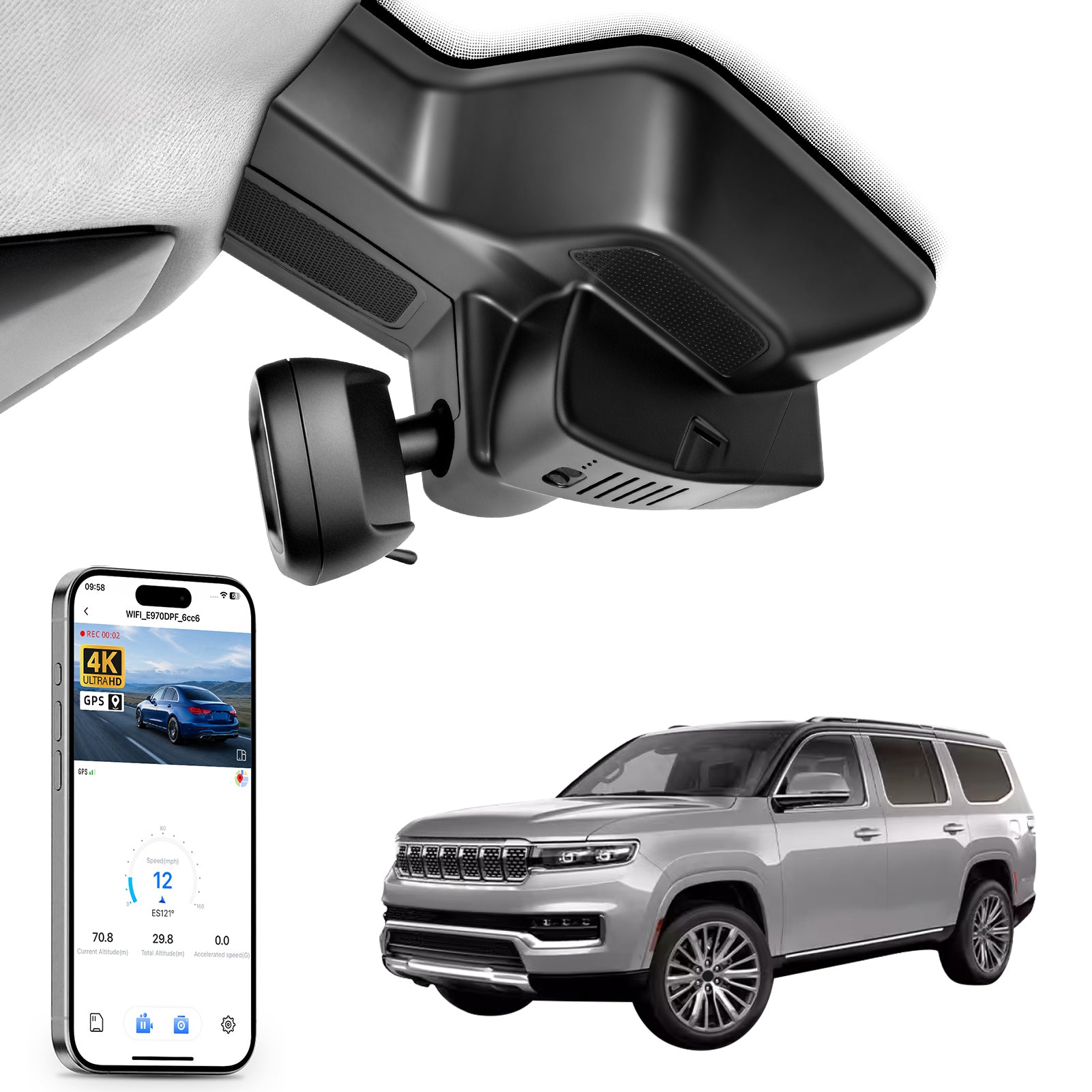 Mangoal rearview mirror built-in dash cam with smartphone app control, 4K Ultra HD recording, GPS tracking, and Jeep-Grand-Wagoneer models in the background.