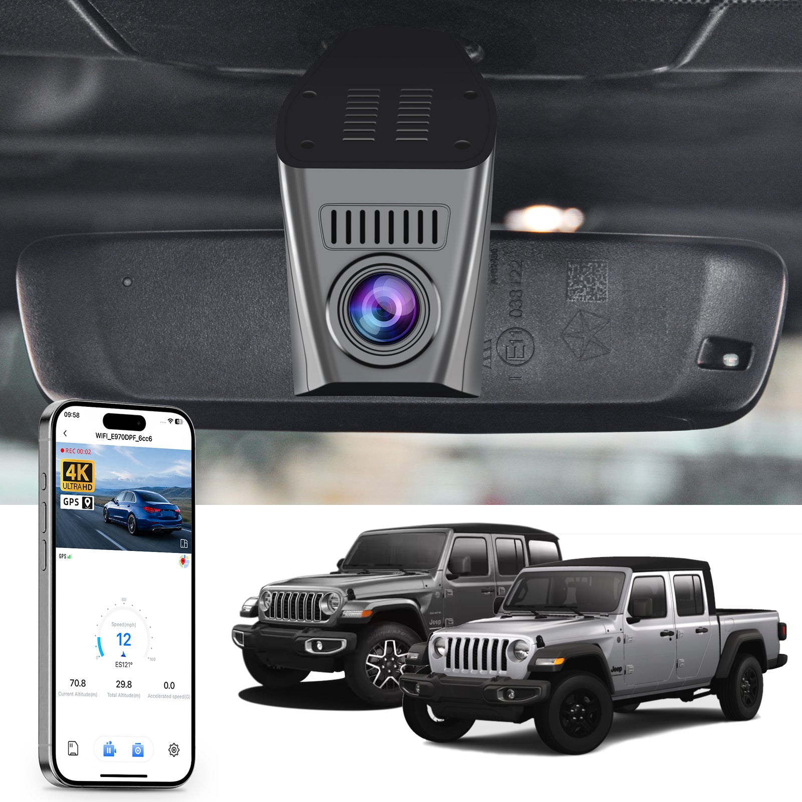 Mangoal rearview mirror built-in dash cam with smartphone app control, 4K Ultra HD recording, GPS tracking, and Jeep-Wrangler-Gladiator models in the background.