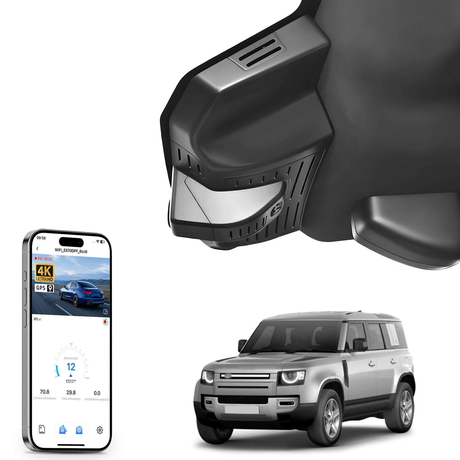 Mangoal rearview mirror built-in dash cam with smartphone app control, 4K Ultra HD recording, GPS tracking, and Land Rover Defender models in the background.