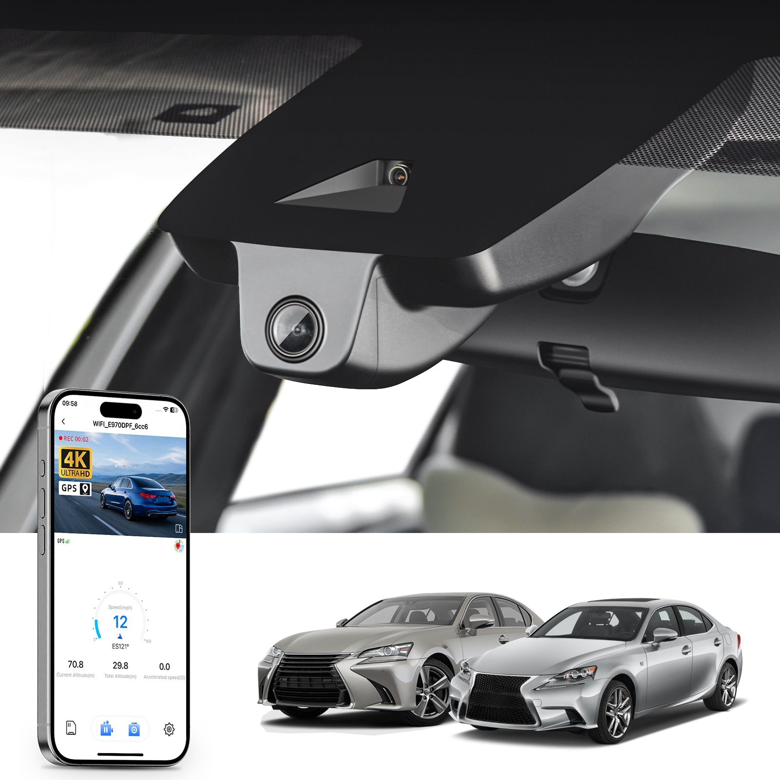 Mangoal rearview mirror built-in dash cam with smartphone app control, 4K Ultra HD recording, GPS tracking, and Lexus ES models in the background.