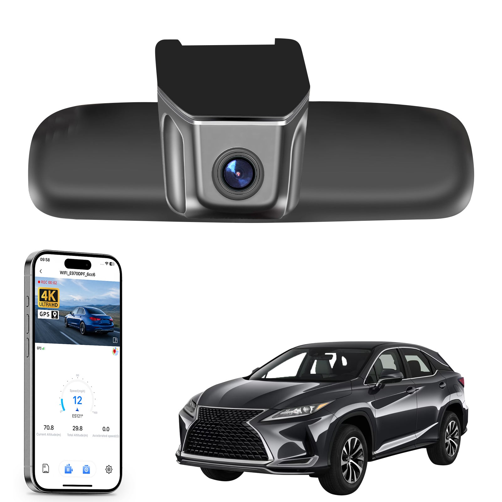 Mangoal rearview mirror built-in dash cam with smartphone app control, 4K Ultra HD recording, GPS tracking, and Lexus RX models in the background.